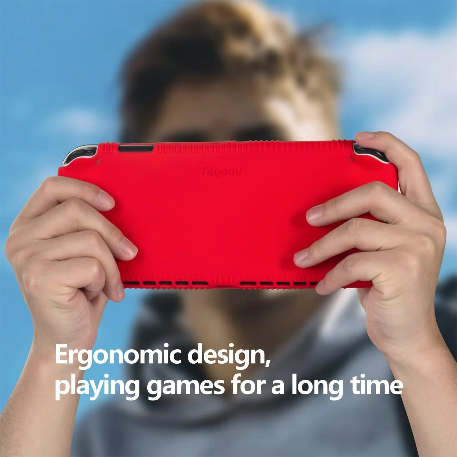 Teyomi Silicone Custodia compatibile con Nintendo Switch OLED modello 2021, Cover Nintendo Switch Oled con protettiva con accessori in vetro temperato, 2 scomparti per carte da gioco (rosso) - immagine 9