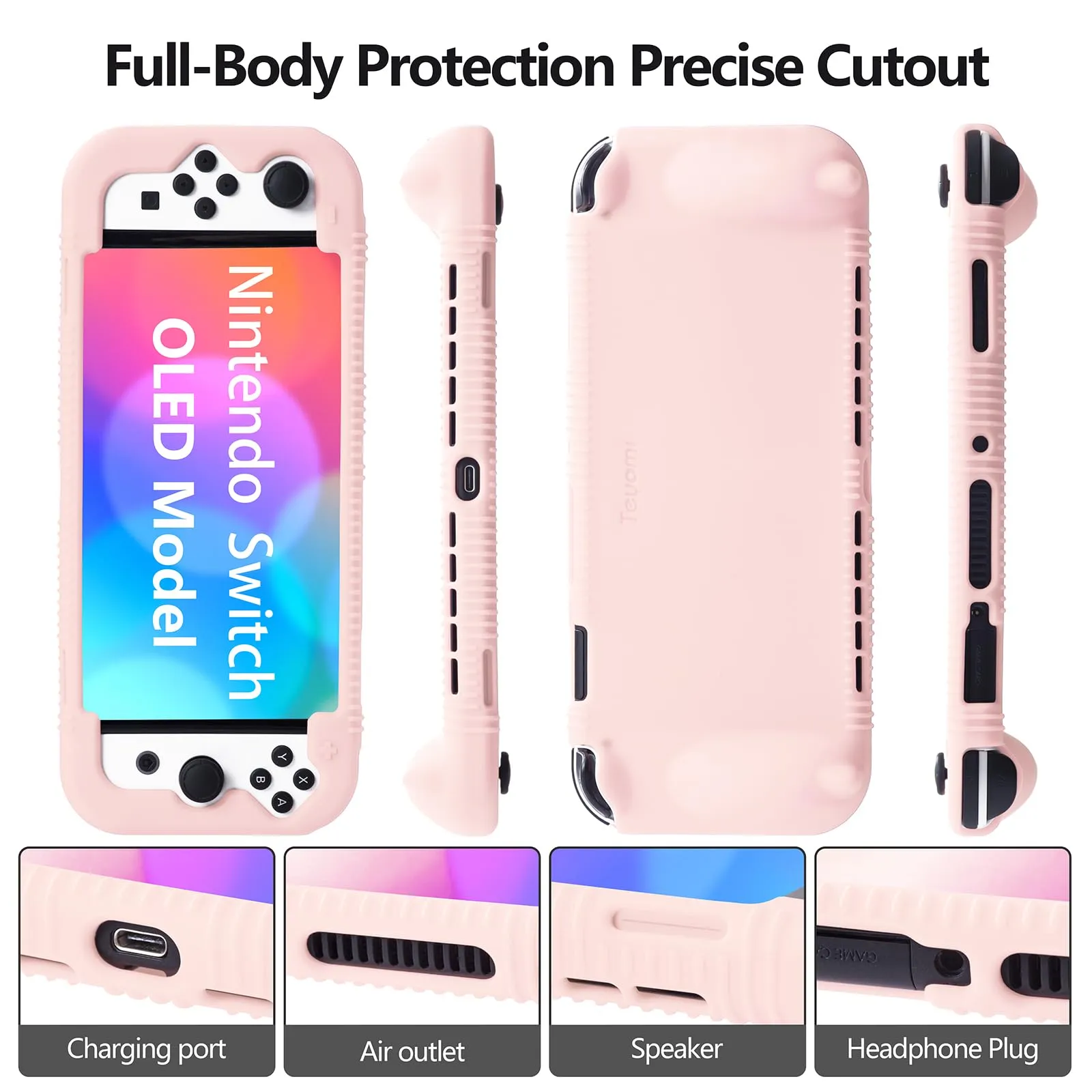 Teyomi Silicone Custodia compatibile con Nintendo Switch OLED modello 2021, Cover Nintendo Switch Oled con protettiva con accessori in vetro temperato, 2 scomparti per carte da gioco (rosa) - immagine 3