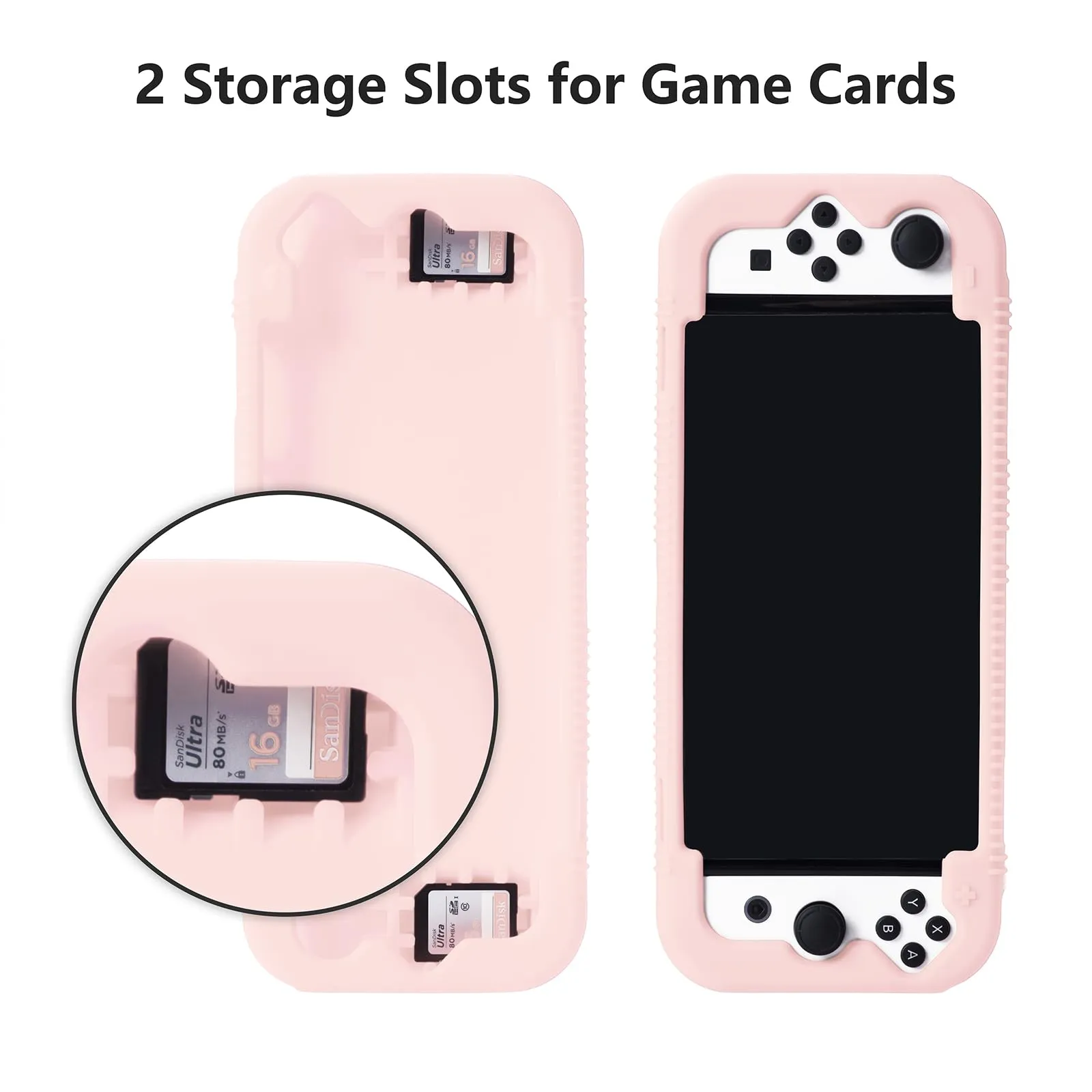 Teyomi Silicone Custodia compatibile con Nintendo Switch OLED modello 2021, Cover Nintendo Switch Oled con protettiva con accessori in vetro temperato, 2 scomparti per carte da gioco (rosa) - immagine 4