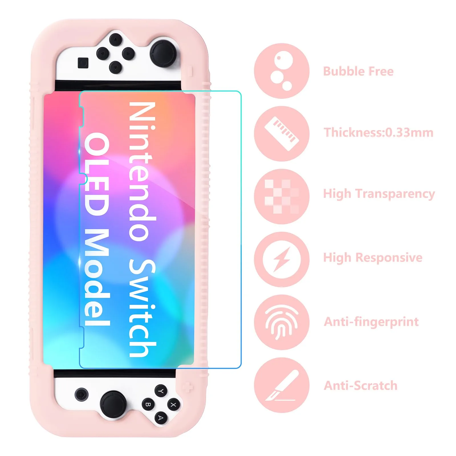Teyomi Silicone Custodia compatibile con Nintendo Switch OLED modello 2021, Cover Nintendo Switch Oled con protettiva con accessori in vetro temperato, 2 scomparti per carte da gioco (rosa) - immagine 5