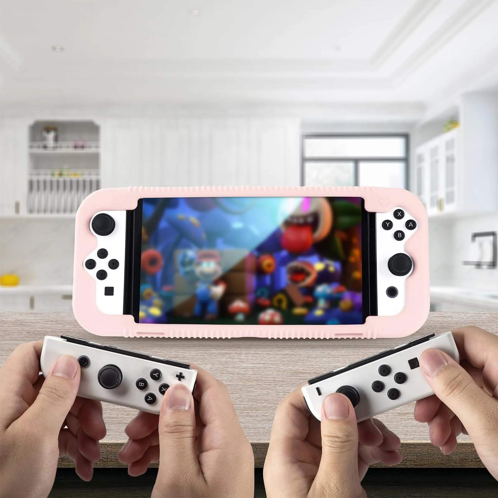 Teyomi Silicone Custodia compatibile con Nintendo Switch OLED modello 2021, Cover Nintendo Switch Oled con protettiva con accessori in vetro temperato, 2 scomparti per carte da gioco (rosa) - immagine 8