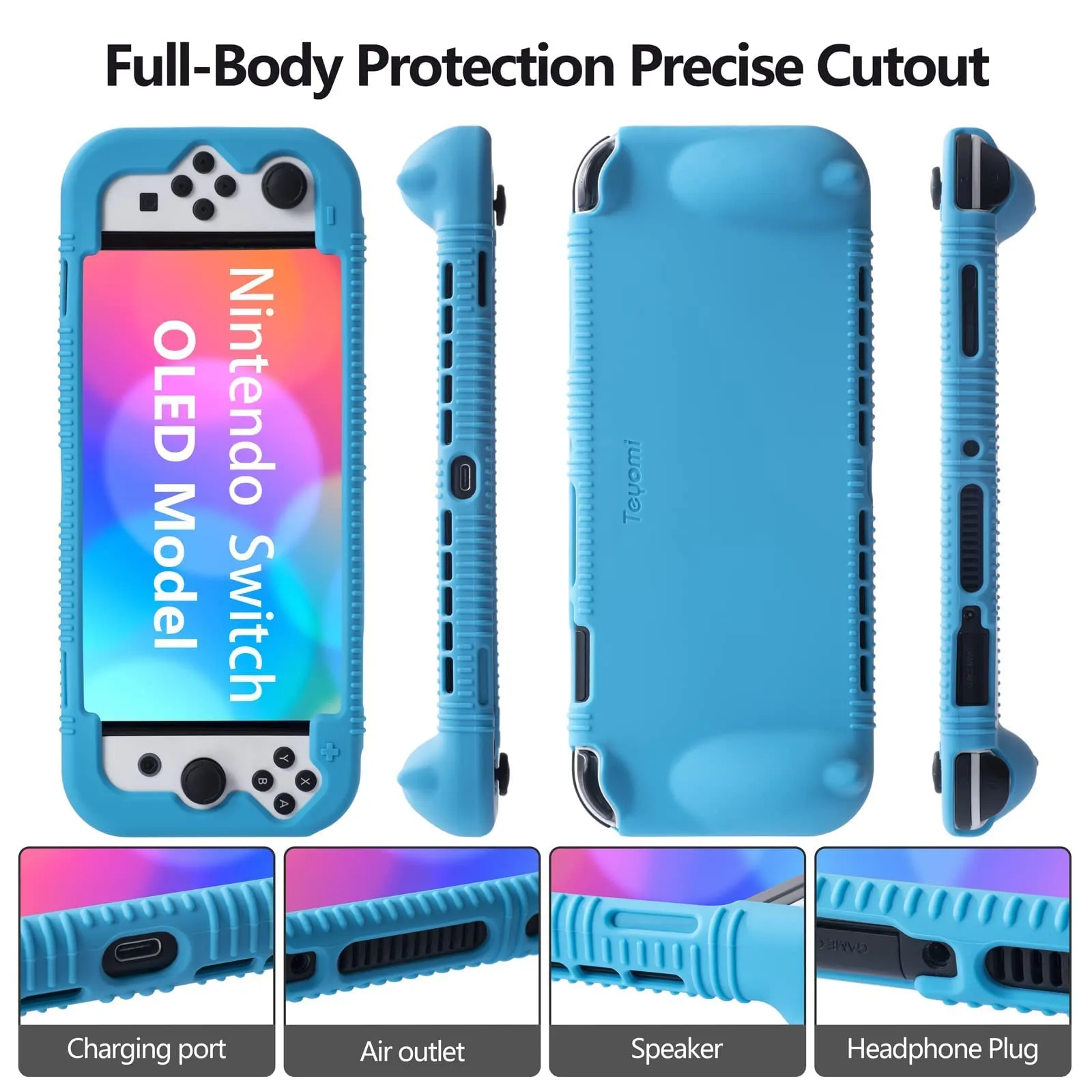 Teyomi Silicone Custodia compatibile con Nintendo Switch OLED modello 2021, Cover Nintendo Switch Oled con protettiva con accessori in vetro temperato, 2 scomparti per carte da gioco (blu) - immagine 4