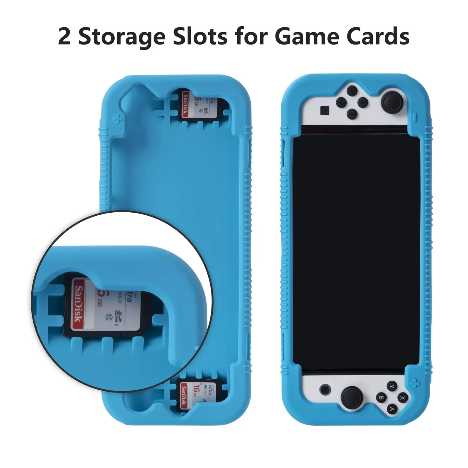 Teyomi Silicone Custodia compatibile con Nintendo Switch OLED modello 2021, Cover Nintendo Switch Oled con protettiva con accessori in vetro temperato, 2 scomparti per carte da gioco (blu) - immagine 6