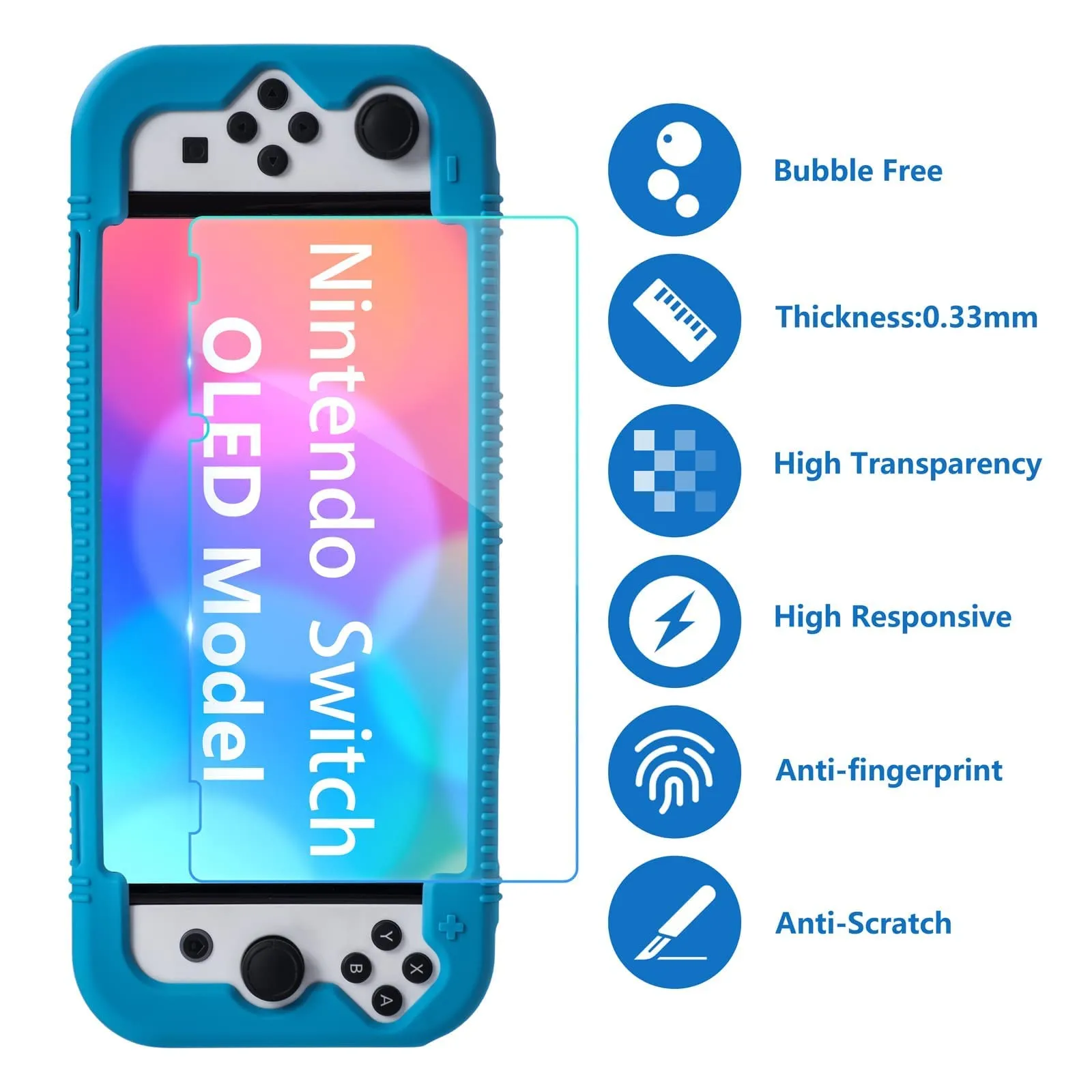 Teyomi Silicone Custodia compatibile con Nintendo Switch OLED modello 2021, Cover Nintendo Switch Oled con protettiva con accessori in vetro temperato, 2 scomparti per carte da gioco (blu) - immagine 7