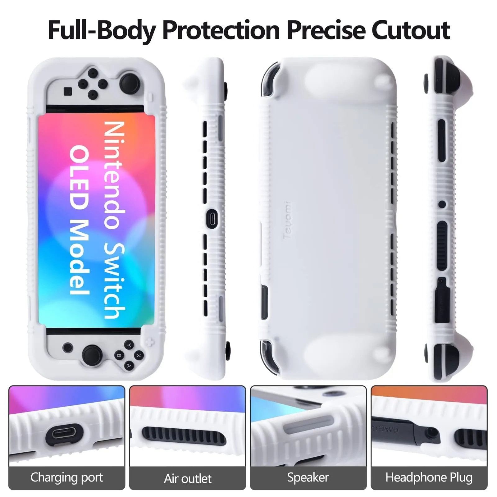 Teyomi Silicone Custodia compatibile con Nintendo Switch OLED modello 2021, Cover Nintendo Switch Oled con protettiva con accessori in vetro temperato, 2 scomparti per carte da gioco (bianco) - immagine 3