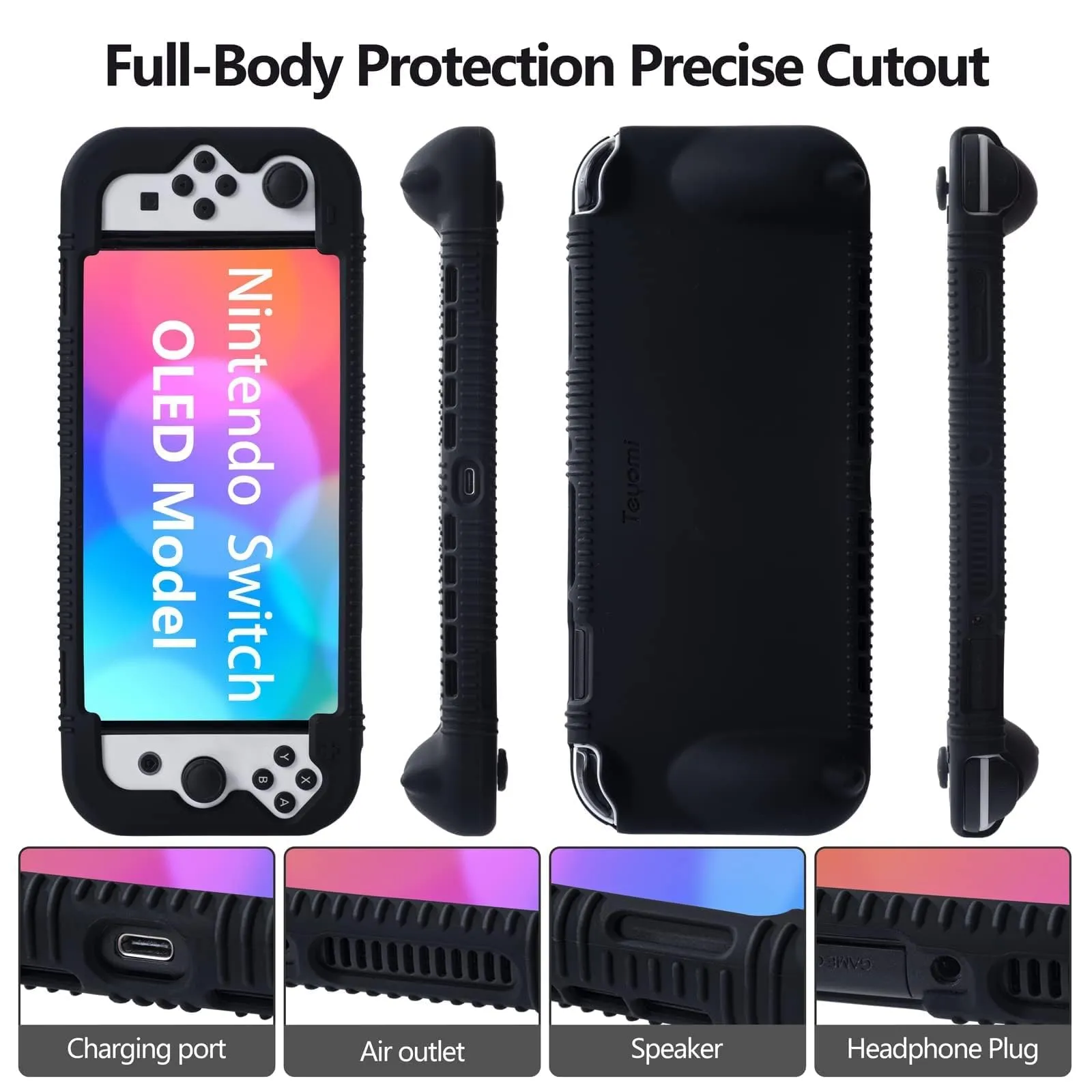 Teyomi Silicone Custodia compatibile con Nintendo Switch OLED modello 2021, Cover Nintendo Switch Oled con protettiva con accessori in vetro temperato, 2 scomparti per carte da gioco (nero) - immagine 3