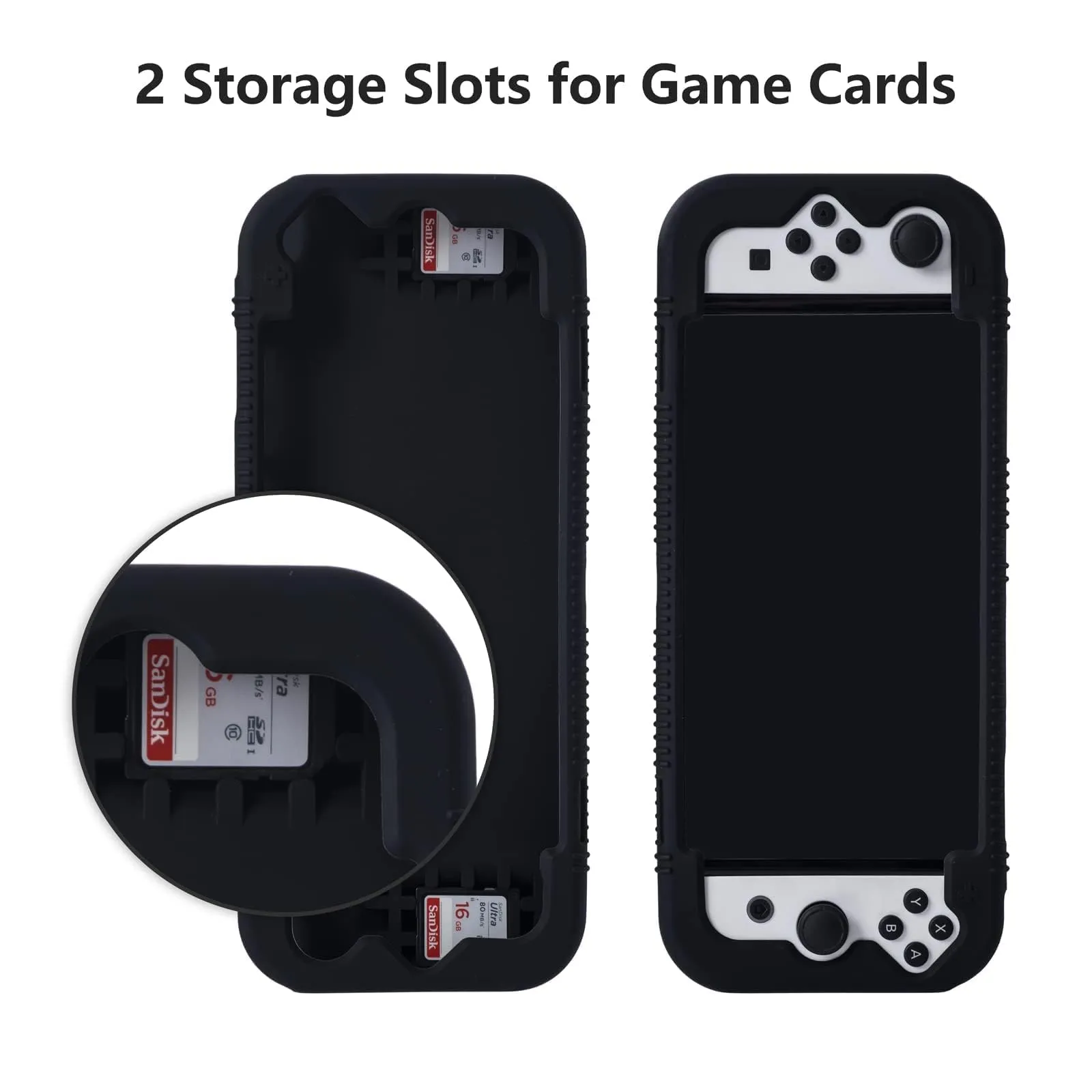 Teyomi Silicone Custodia compatibile con Nintendo Switch OLED modello 2021, Cover Nintendo Switch Oled con protettiva con accessori in vetro temperato, 2 scomparti per carte da gioco (nero) - immagine 5