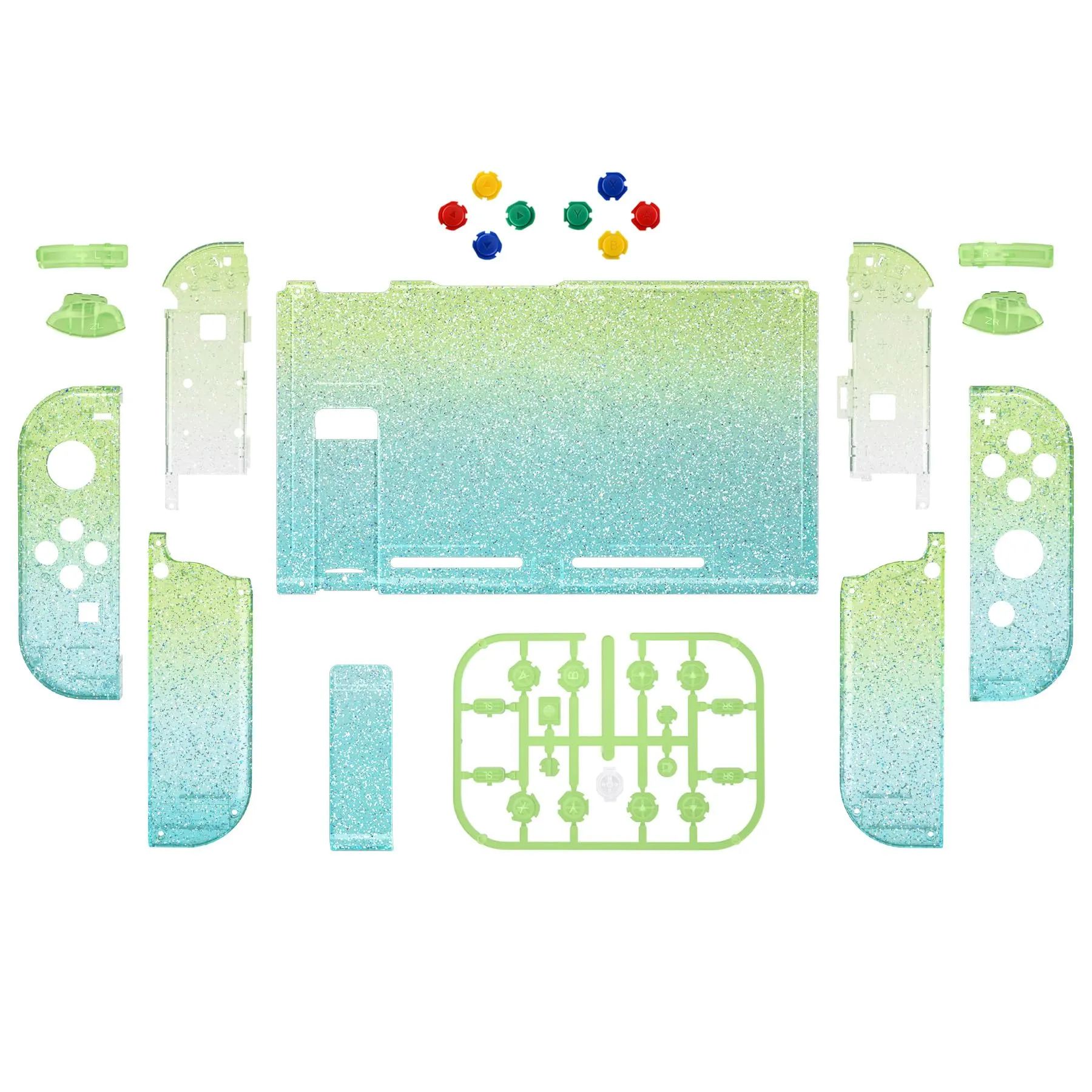 eXtremeRate Custodia Tasti Ricambio per Nintendo Switch,Cover Scocca Pulsanti Kit DIY per Joycon,Senza Controller e Console-Trasparente Glitterato Verde Blu - immagine 2
