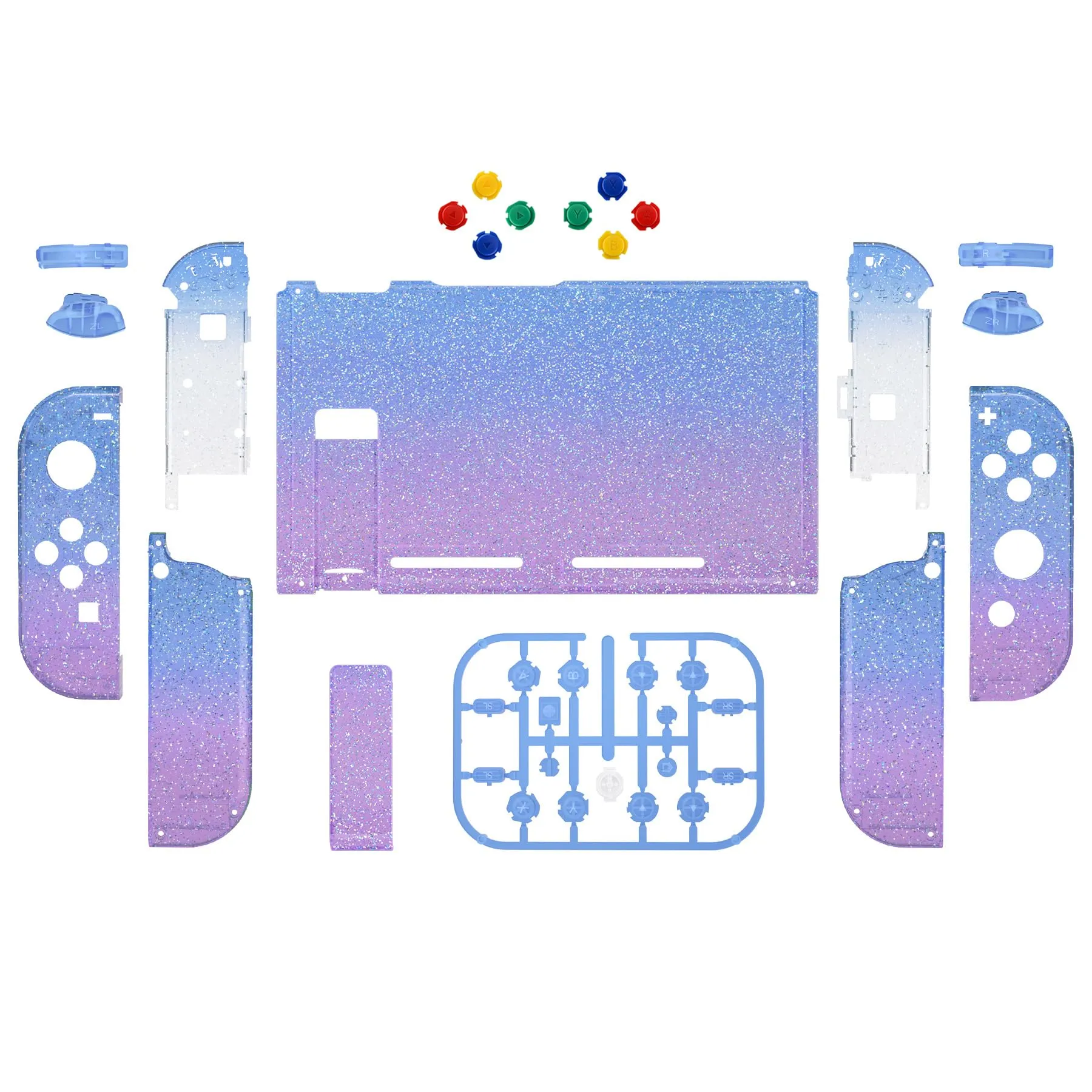 eXtremeRate Custodia Tasti Ricambio per Nintendo Switch,Cover Scocca Pulsanti Kit DIY per Joycon,Senza Controller e Console-Trasparente Glitterato Blu Viola - immagine 1