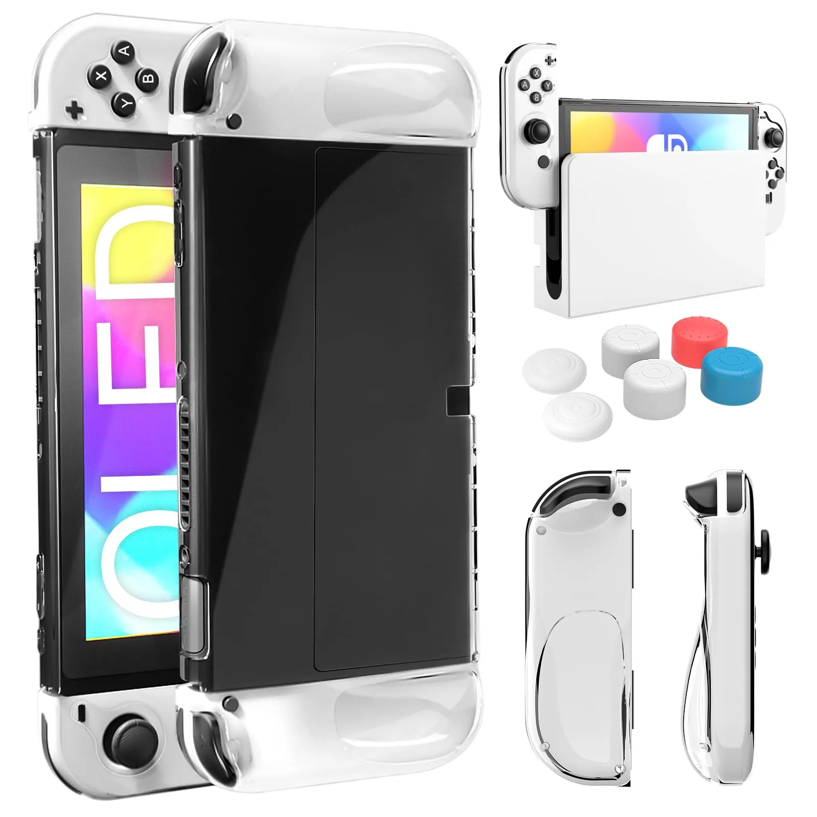Teyomi Custodie compatibili con Nintendo Switch OLED, Trasparente Cover Compatibile con Switch OLED, Soft TPU Joy-Con Cover Hard PC Dockable Custodia protettiva per Switch OLED con 6 tappi Joystick - immagine 1