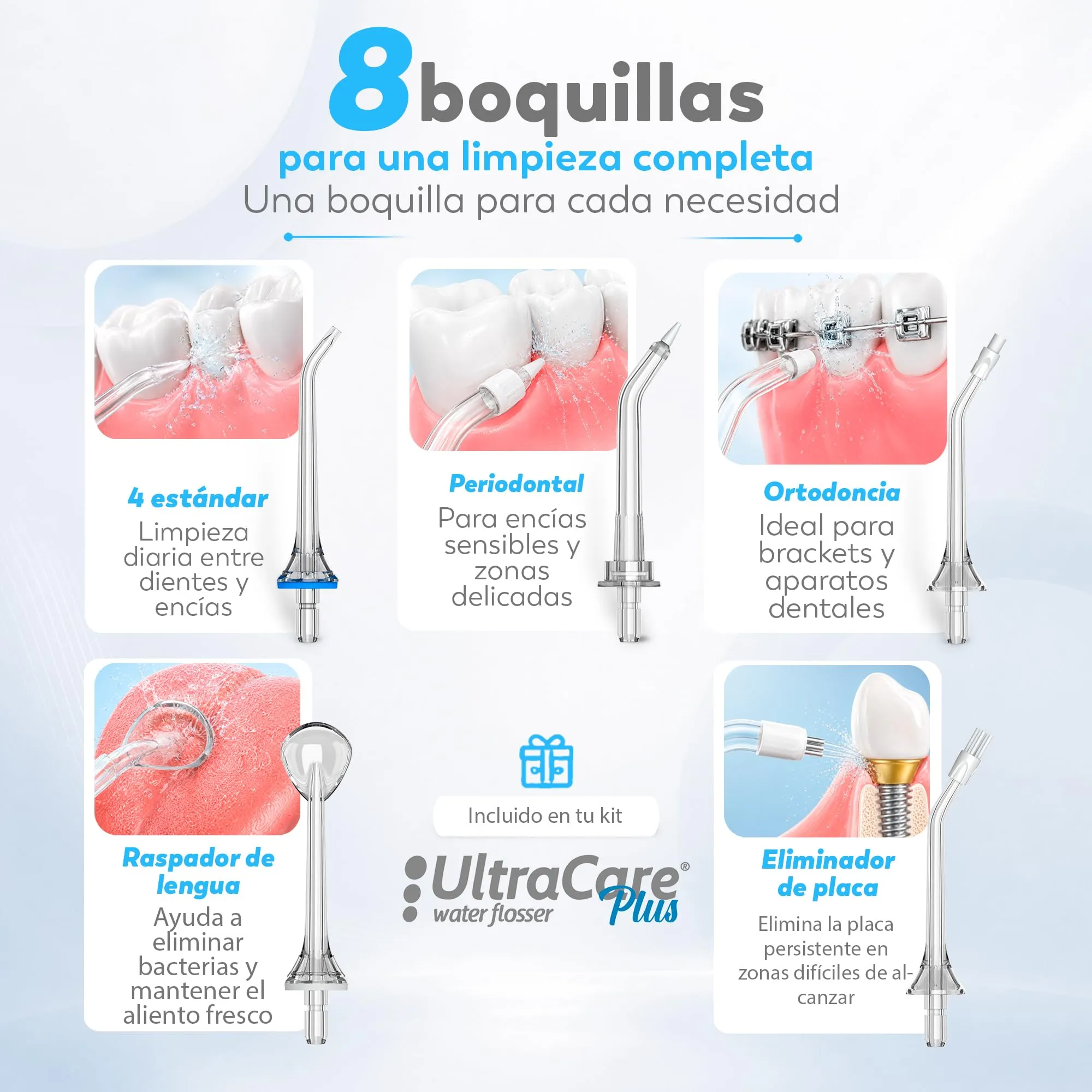 Aquapik UltraCare - Idropulsore orale wireless portatile USB-C, 8 bocchette, serbatoio da 300 ml, IPX7, pulizia interdentale per ortodonzia, protesi e viaggi - immagine 4