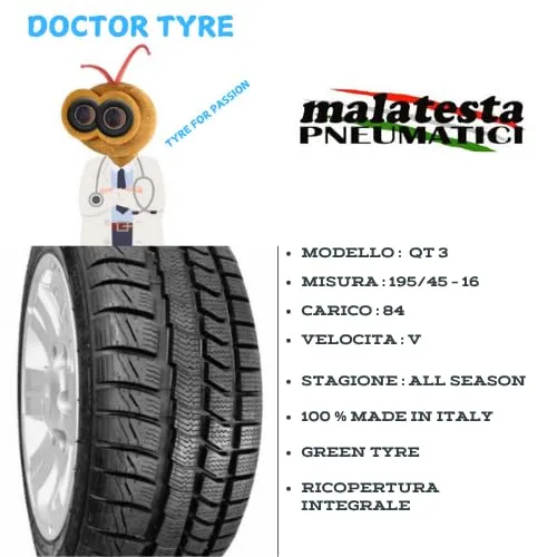 Doctor Tyre by Malatesta 195/45 R16 84V QT3 – Pneumatico 4 Stagioni Ricostruito | All Season M+S | Alta Aderenza su Asciutto, Bagnato e Neve | Eco-Friendly Made in Italy - immagine 2