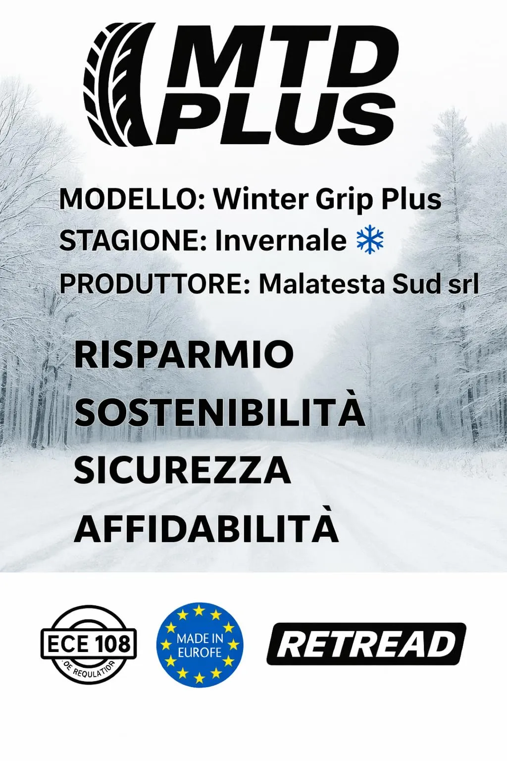 Pneumatico Invernale 205/55 R16 91V – Winter Grip M79T di MTD PLUS GREEN – Certificato ECE108 M+S / 3PMSF – Made in Italy – Aderenza Top su Neve Pioggia e Ghiaccio – Affidabile e Low Cost - immagine 5