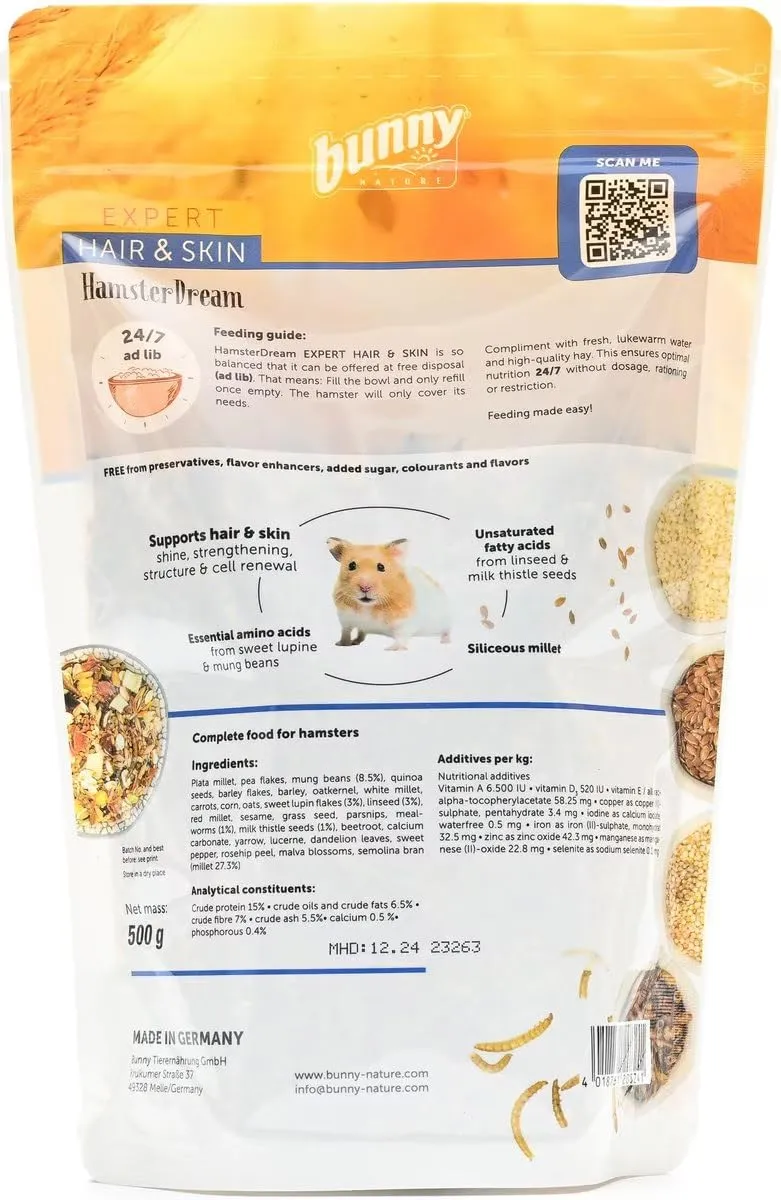 Bunny Nature HamsterDream Expert Hair & Skin – Cibo per criceti per capelli e pelle più sani – Piatto superalimento naturale con speciale miscela di cereali, verdure e vermi della farina – 0,5 kg - immagine 2