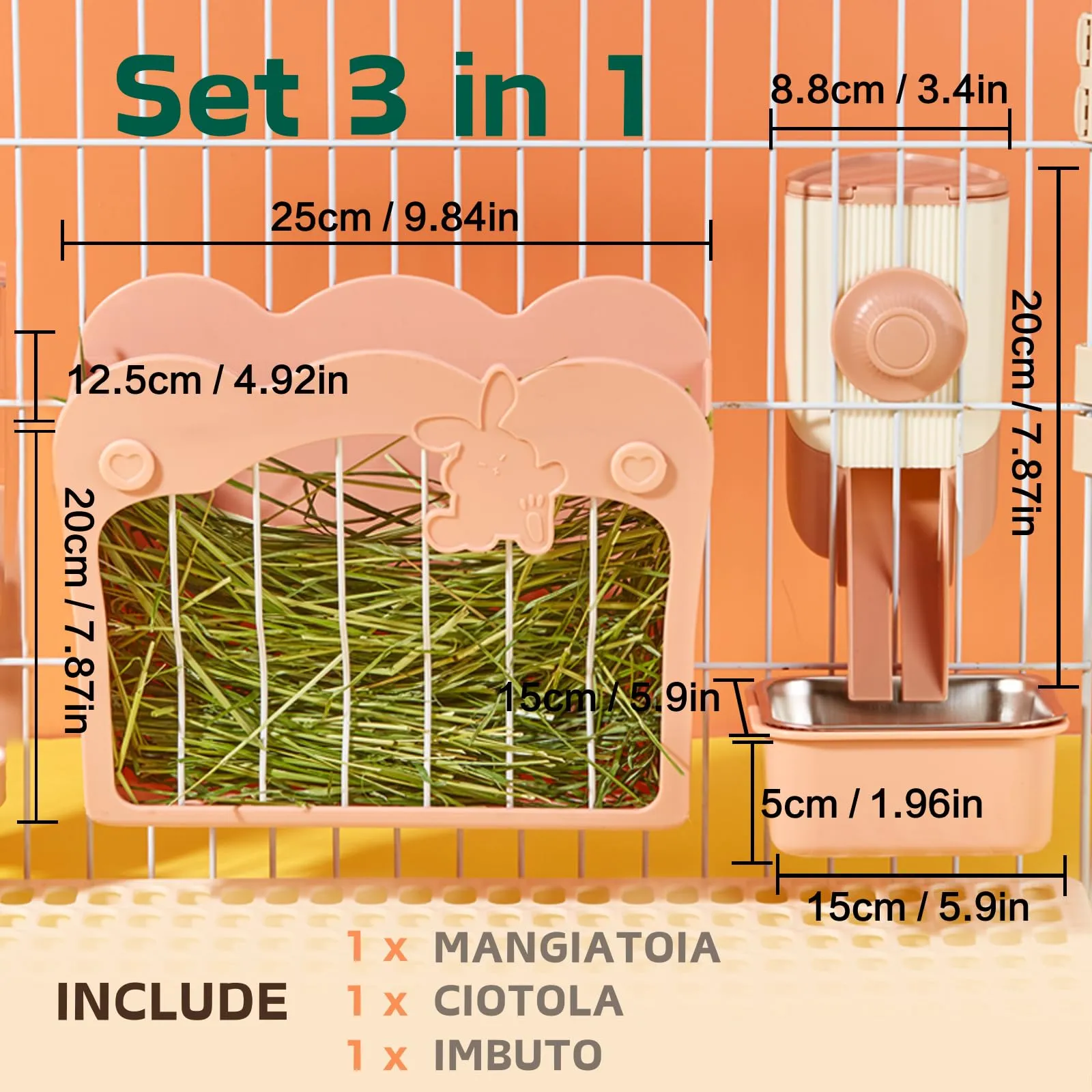 Porta Fieno Conigli, Set di alimentazione 3 in 1 con ciotola per cibo e imbuto sospeso per gabbia, Mangiatoia per Coniglio Cavia Cincillà Piccoli Animali (Rosa) - immagine 2