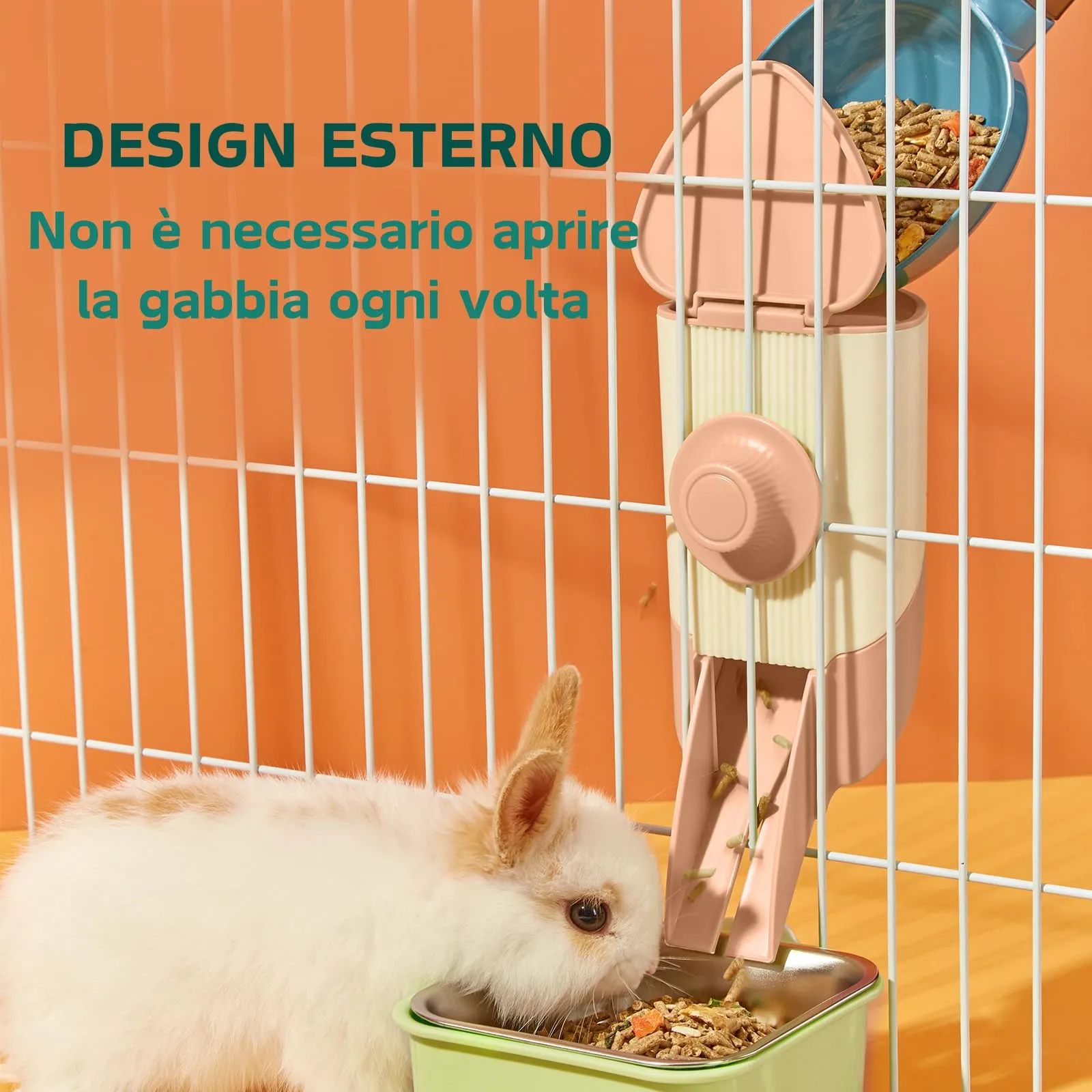 Porta Fieno Conigli, Set di alimentazione 3 in 1 con ciotola per cibo e imbuto sospeso per gabbia, Mangiatoia per Coniglio Cavia Cincillà Piccoli Animali (Rosa) - immagine 3