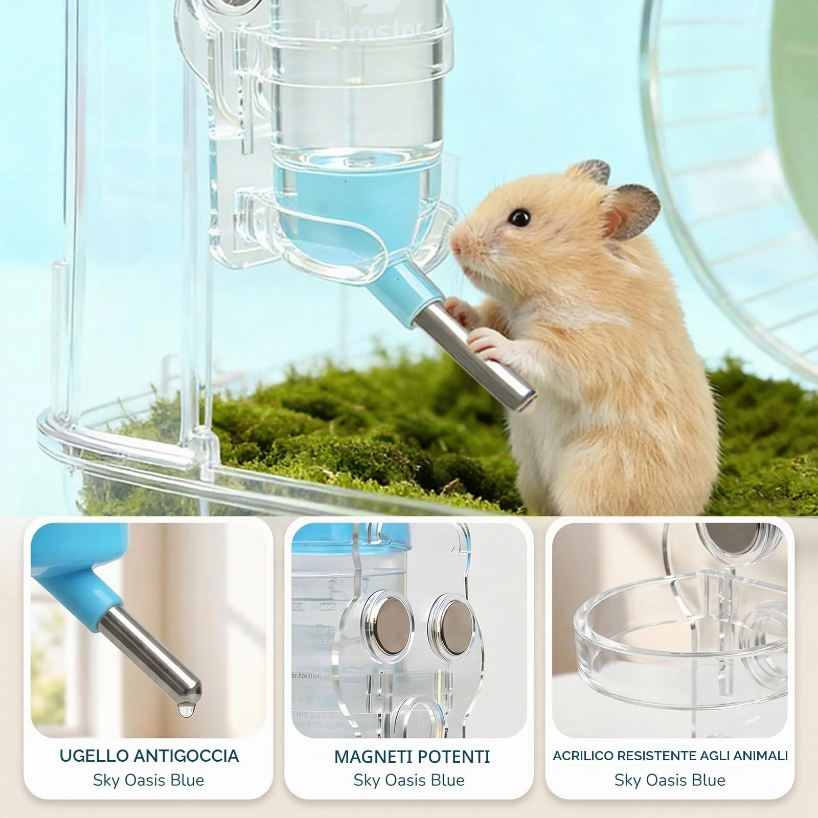 AMSGANK Bottiglia d'acqua per Criceto con Supporto, Dispenser d'acqua Sospeso con Stent Magnetici per Furetto, Criceti Siriani Nani, Gerbilli, Topi, Ratti, Degus (80ml) - immagine 2