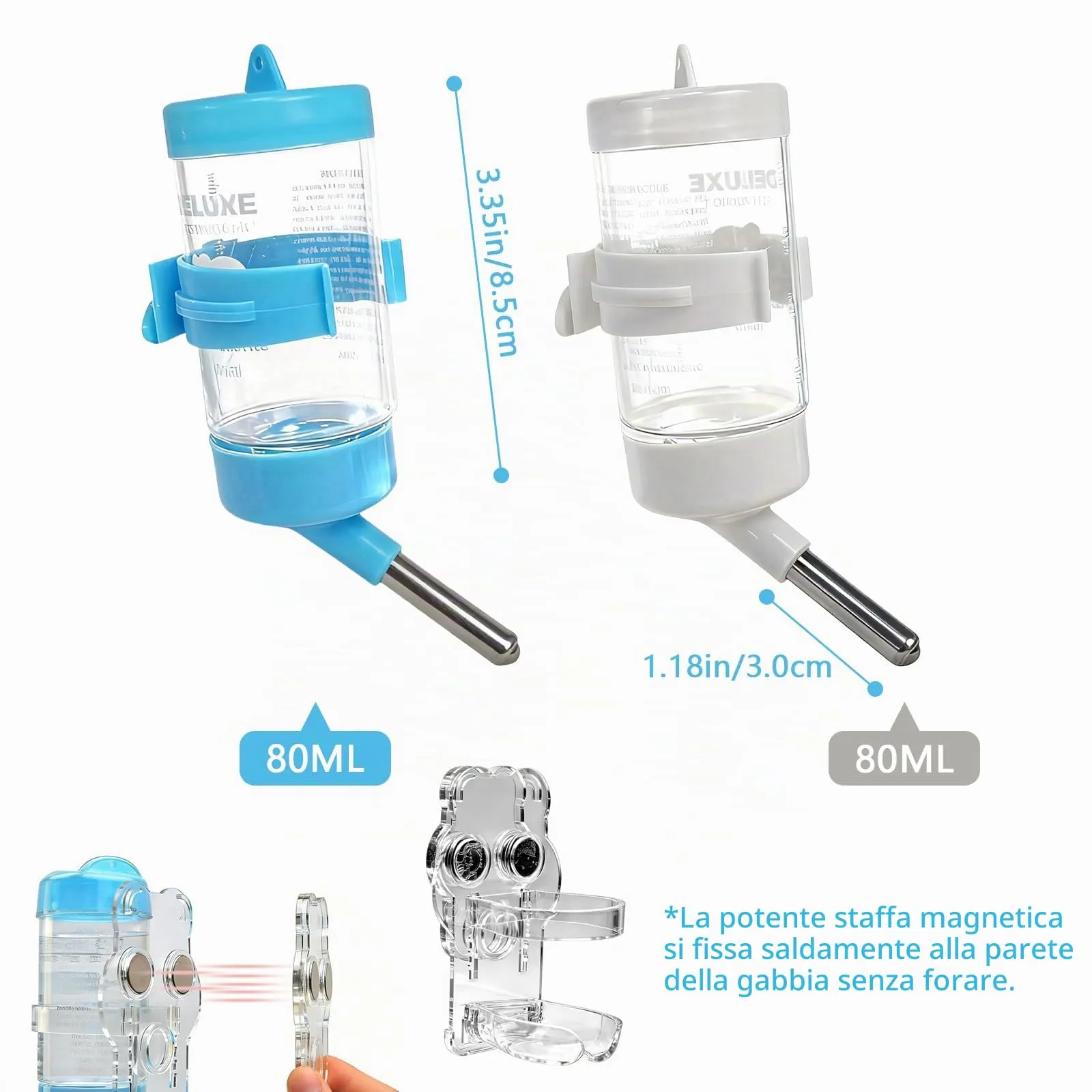 AMSGANK Bottiglia d'acqua per Criceto con Supporto, Dispenser d'acqua Sospeso con Stent Magnetici per Furetto, Criceti Siriani Nani, Gerbilli, Topi, Ratti, Degus (80ml) - immagine 3