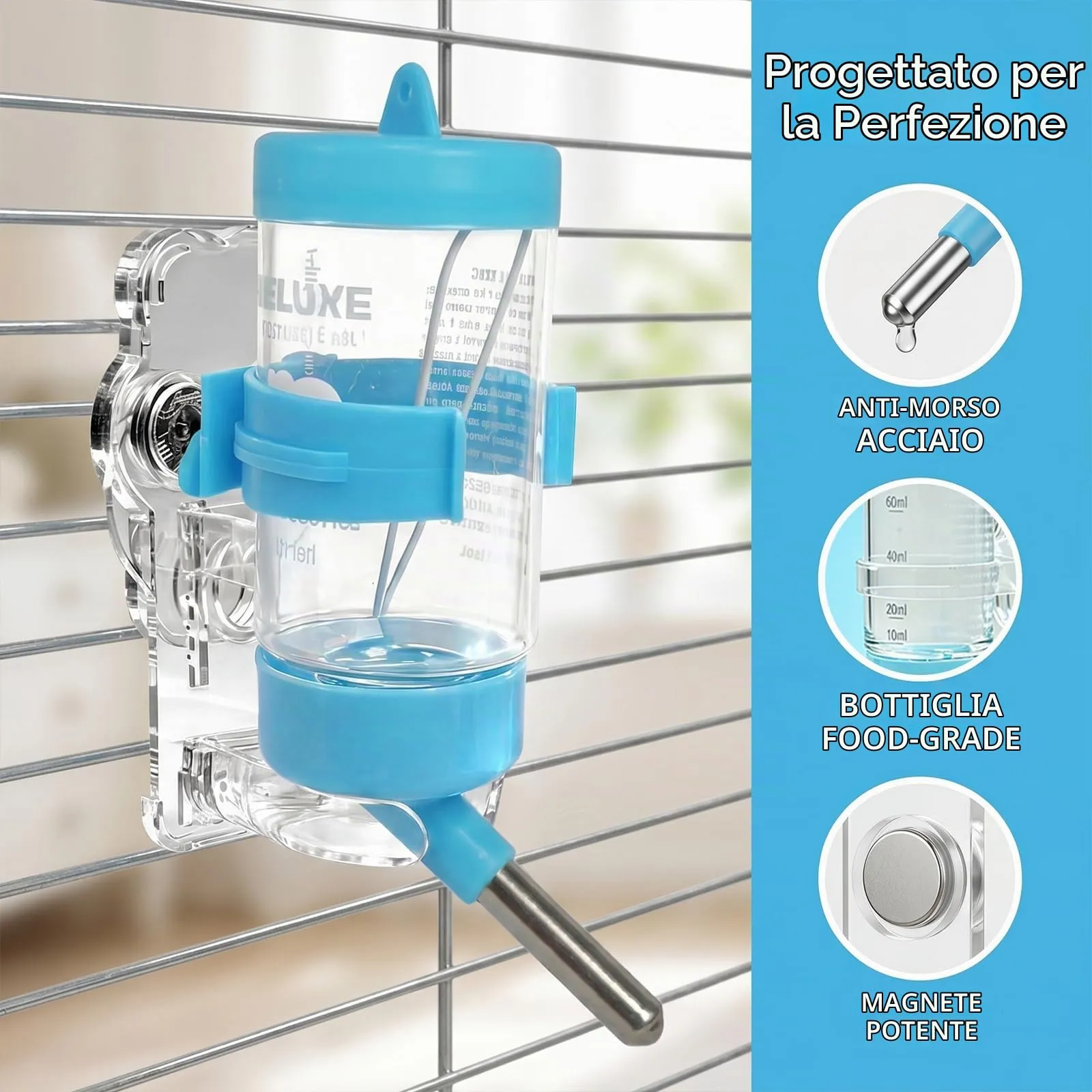 AMSGANK Bottiglia d'acqua per Criceto con Supporto, Dispenser d'acqua Sospeso con Stent Magnetici per Furetto, Criceti Siriani Nani, Gerbilli, Topi, Ratti, Degus (80ml) - immagine 4