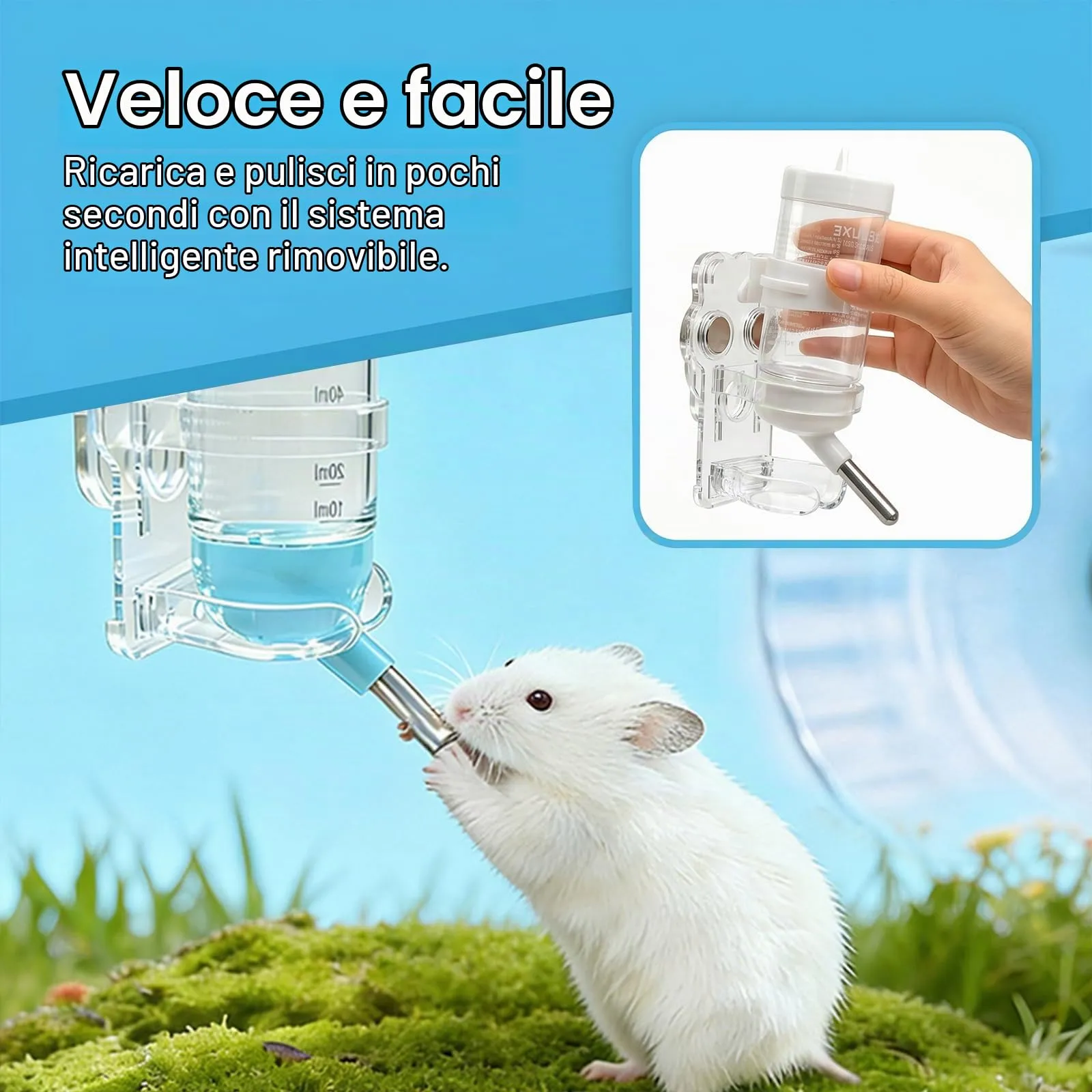 AMSGANK Bottiglia d'acqua per Criceto con Supporto, Dispenser d'acqua Sospeso con Stent Magnetici per Furetto, Criceti Siriani Nani, Gerbilli, Topi, Ratti, Degus (80ml) - immagine 5