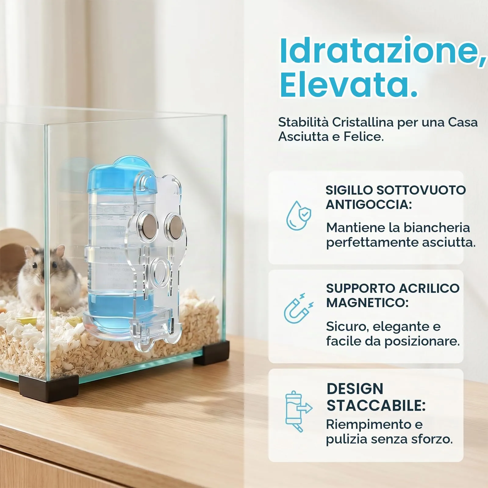 AMSGANK Bottiglia d'acqua per Criceto con Supporto, Dispenser d'acqua Sospeso con Stent Magnetici per Furetto, Criceti Siriani Nani, Gerbilli, Topi, Ratti, Degus (80ml) - immagine 6
