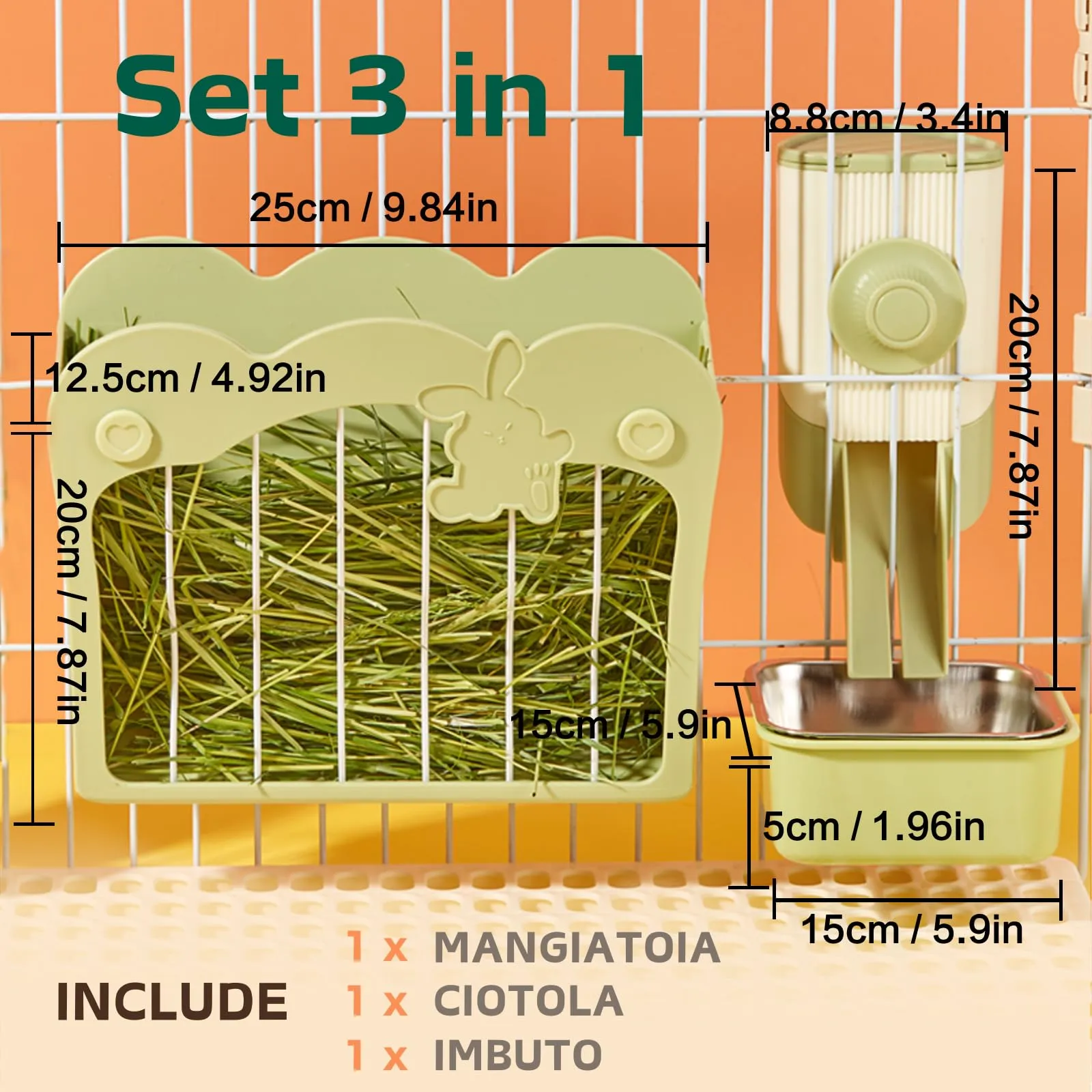Porta Fieno Conigli, Set di alimentazione 3 in 1 con ciotola per cibo e imbuto sospeso per gabbia, Mangiatoia per Coniglio Cavia Cincillà Piccoli Animali (Verde) - immagine 2