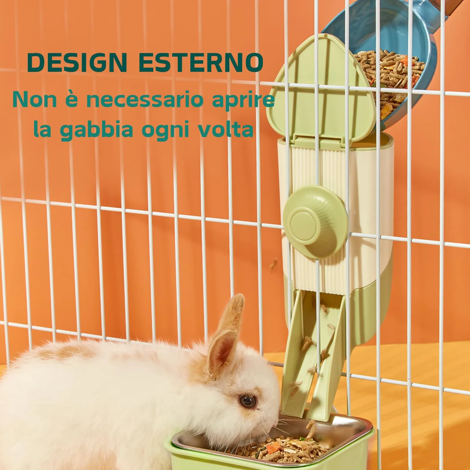 Porta Fieno Conigli, Set di alimentazione 3 in 1 con ciotola per cibo e imbuto sospeso per gabbia, Mangiatoia per Coniglio Cavia Cincillà Piccoli Animali (Verde) - immagine 3