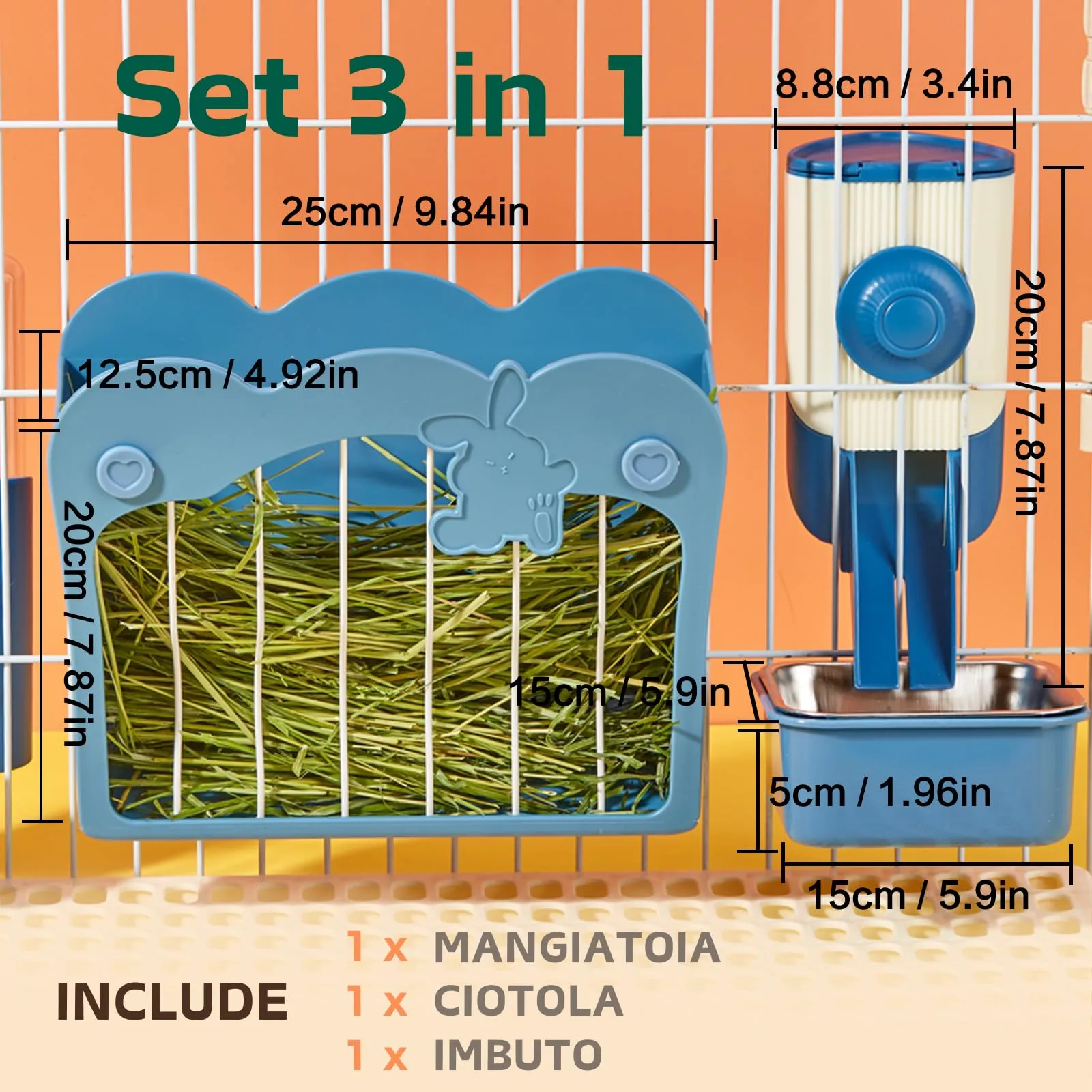 Porta Fieno Conigli, Set di alimentazione 3 in 1 con ciotola per cibo e imbuto sospeso per gabbia, Mangiatoia per Coniglio Cavia Cincillà Piccoli Animali (Blu) - immagine 2