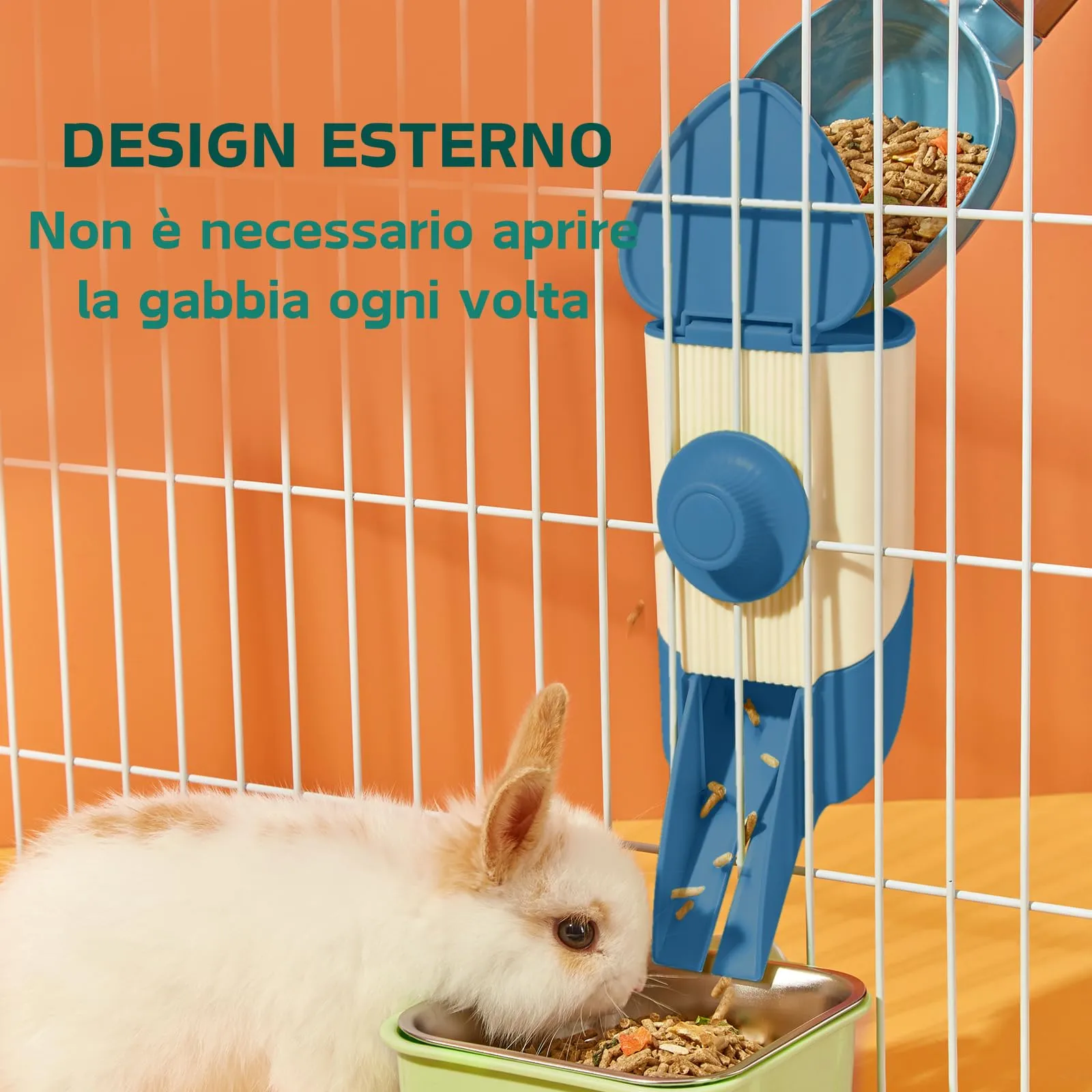 Porta Fieno Conigli, Set di alimentazione 3 in 1 con ciotola per cibo e imbuto sospeso per gabbia, Mangiatoia per Coniglio Cavia Cincillà Piccoli Animali (Blu) - immagine 3