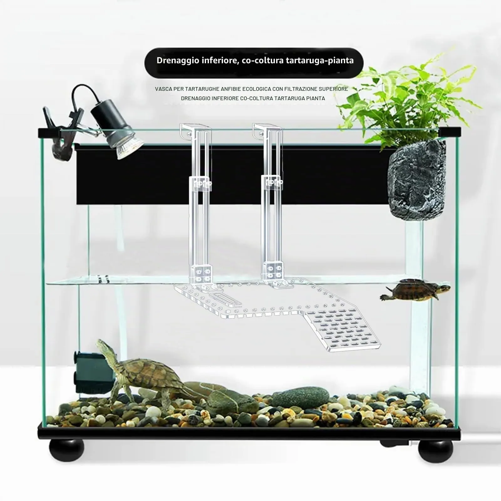 QeeHeng Piattaforma per Crogiolarsi per Tartarughe in Acrilico, Super Trasmissione della Luce, Habitat Con Ripiano da Arrampicata, Accessori (XL) - immagine 5