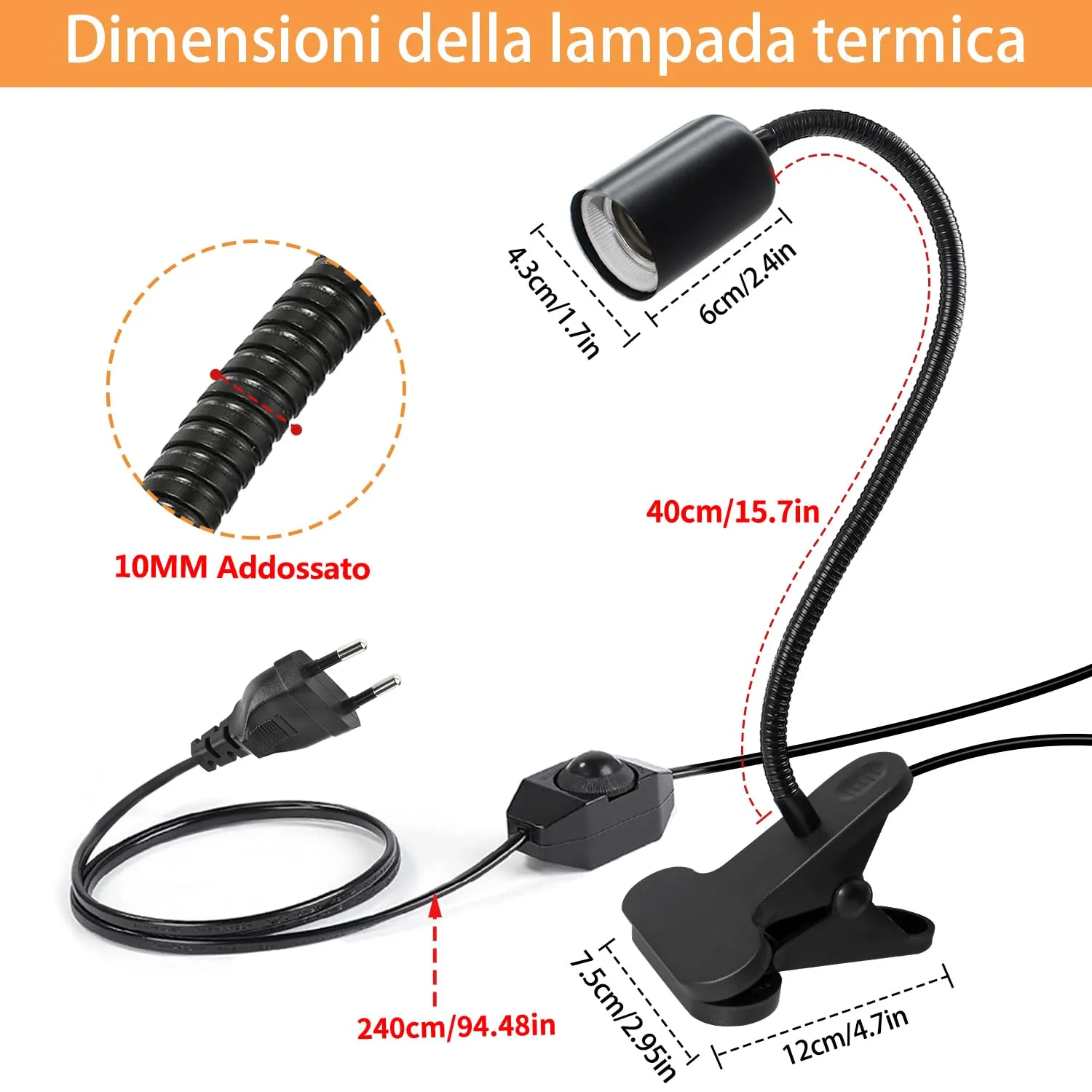 Lampada Rettili Riscaldante, Luce Riscaldante per Tartarughe di Terra con 240CM Cavo, Lampada Tartarughe Acqua 40CM Collo di Cigno, Portalampada E27 Ceramica per Cani Lucertola (Senza Lampadina) - immagine 2