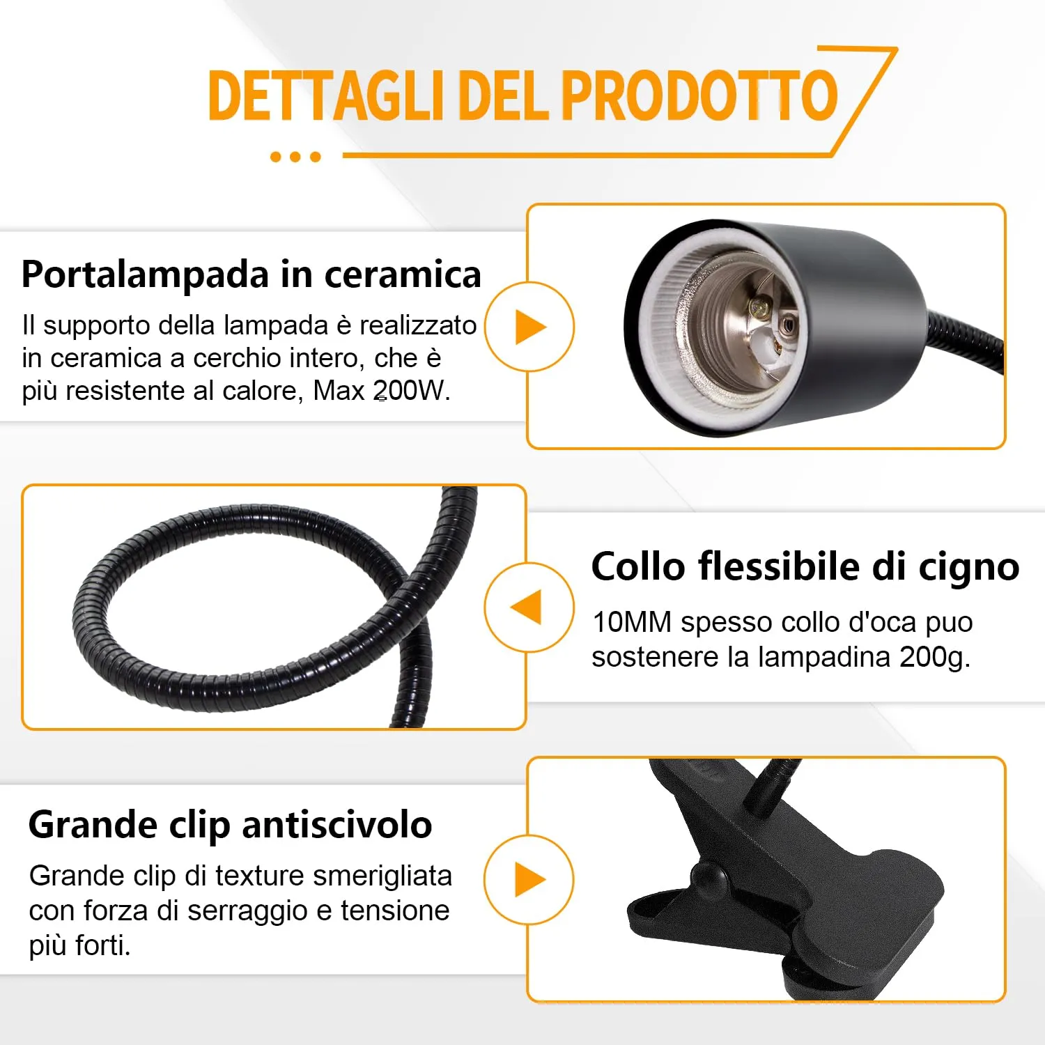 Lampada Rettili Riscaldante, Luce Riscaldante per Tartarughe di Terra con 240CM Cavo, Lampada Tartarughe Acqua 40CM Collo di Cigno, Portalampada E27 Ceramica per Cani Lucertola (Senza Lampadina) - immagine 3