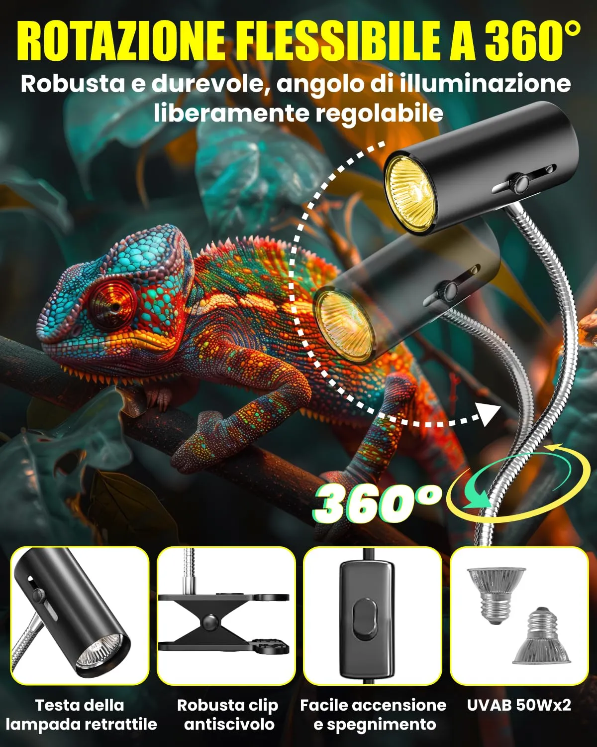 BrightArk Lampada Riscaldante uvb Tartarughe con 2 Lampadine UVA/UVB da 50W Regolabili a 360° Lampada per Anfibi Adatto per Tartaruga, Ragno, Lucertola, Serpente, Anfibi, Cockatoo, Chameleon - immagine 2