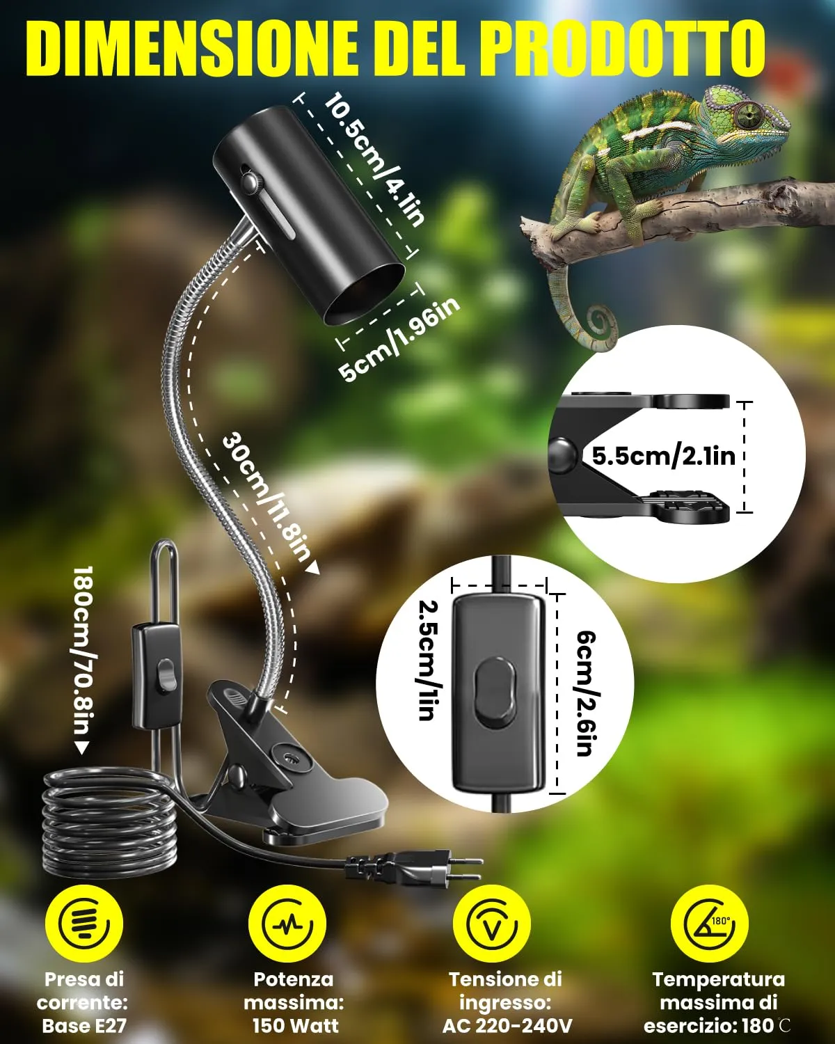 BrightArk Lampada Riscaldante uvb Tartarughe con 2 Lampadine UVA/UVB da 50W Regolabili a 360° Lampada per Anfibi Adatto per Tartaruga, Ragno, Lucertola, Serpente, Anfibi, Cockatoo, Chameleon - immagine 4