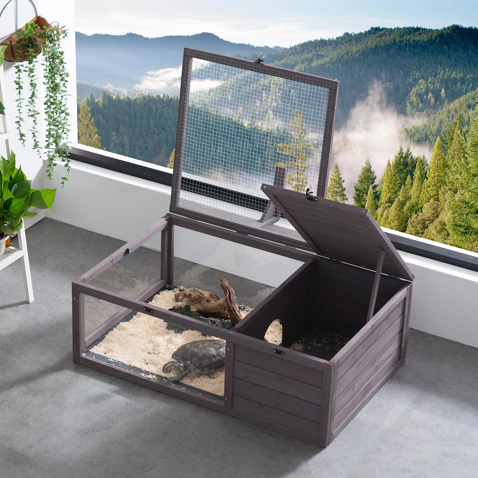 VEVOR Habitat per Tartarughe, Casa per Tartarughe in Legno per Interni ed Esterni, Recinto per Tartarughe con Supporto per Luce Sospesa, Recinto per Rettili con 2 Stanze, Gabbia per Piccoli Animali - immagine 8