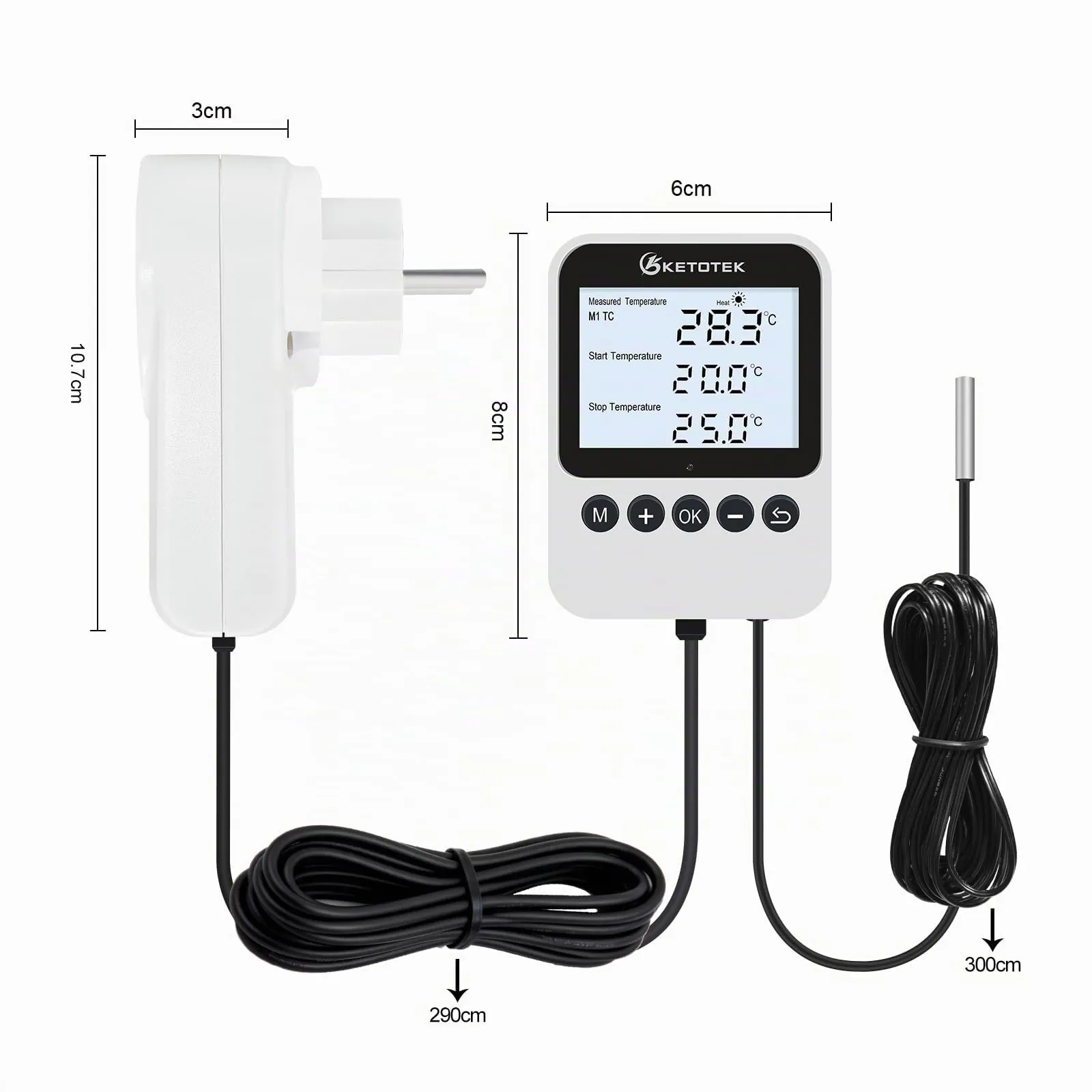 KETOTEK Presa Termostato con Timer – Regolatore di Temperatura Giorno/Notte Digitale 230V, LCD con Retroilluminazione per Terrario Rettili & Serra, 3 Modalità Selezionabili, Sonda NTC 3m - immagine 2