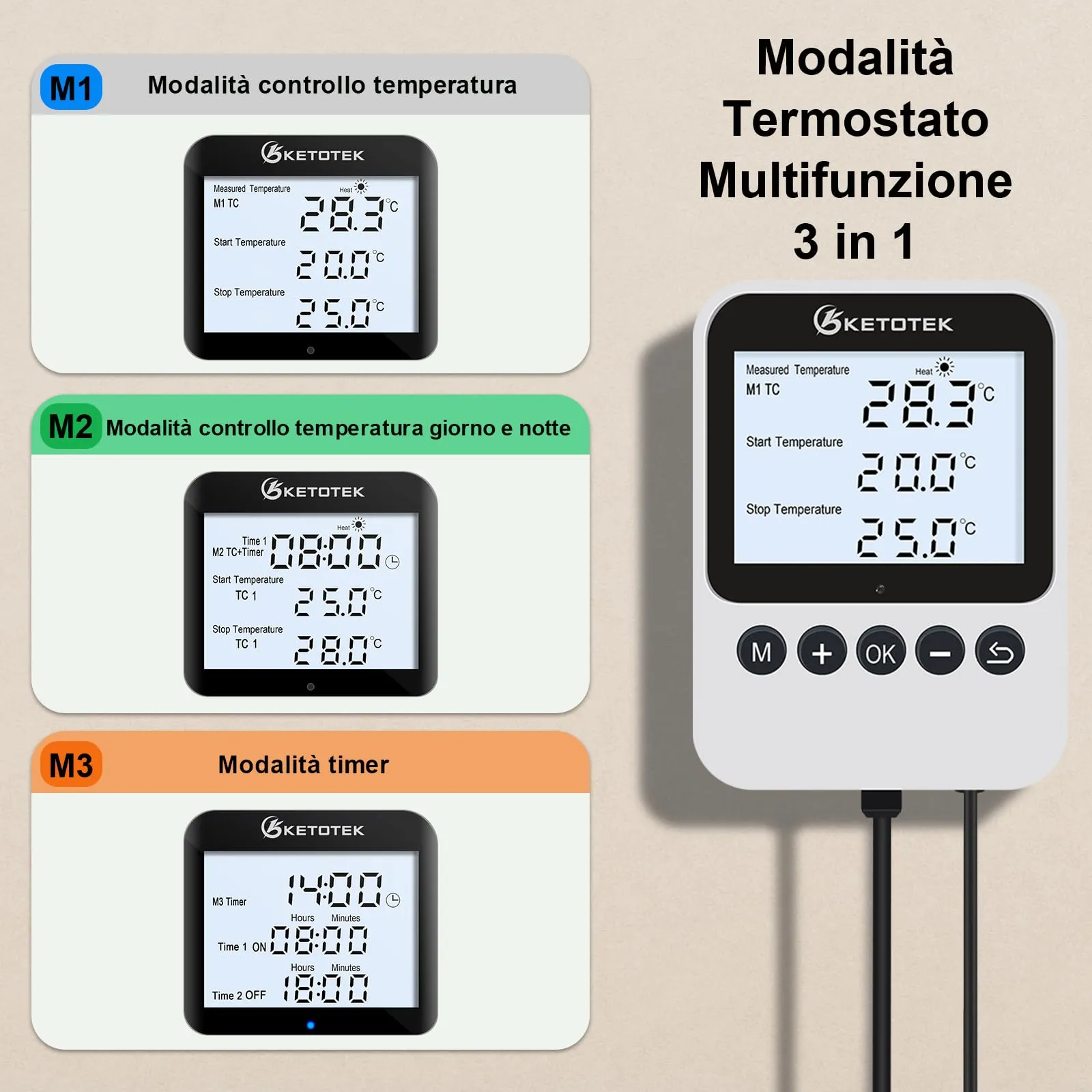 KETOTEK Presa Termostato con Timer – Regolatore di Temperatura Giorno/Notte Digitale 230V, LCD con Retroilluminazione per Terrario Rettili & Serra, 3 Modalità Selezionabili, Sonda NTC 3m - immagine 3