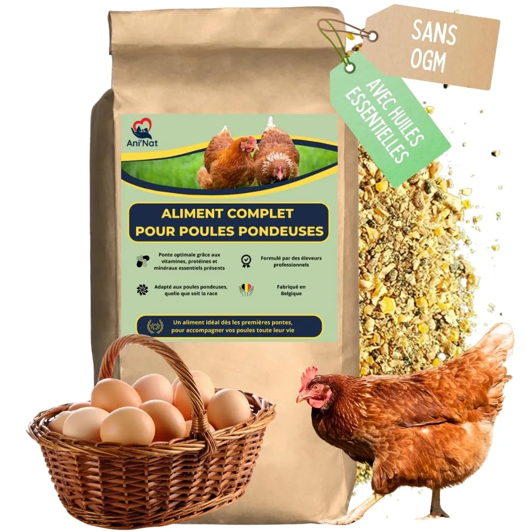 Ani'Nat Mangime per galline ovaiole senza OGM – Con oli essenziali – Miscela grossolanamente macinata – Nutrizione completa per deposizione e vitalità delle galline (10kg) - immagine 1