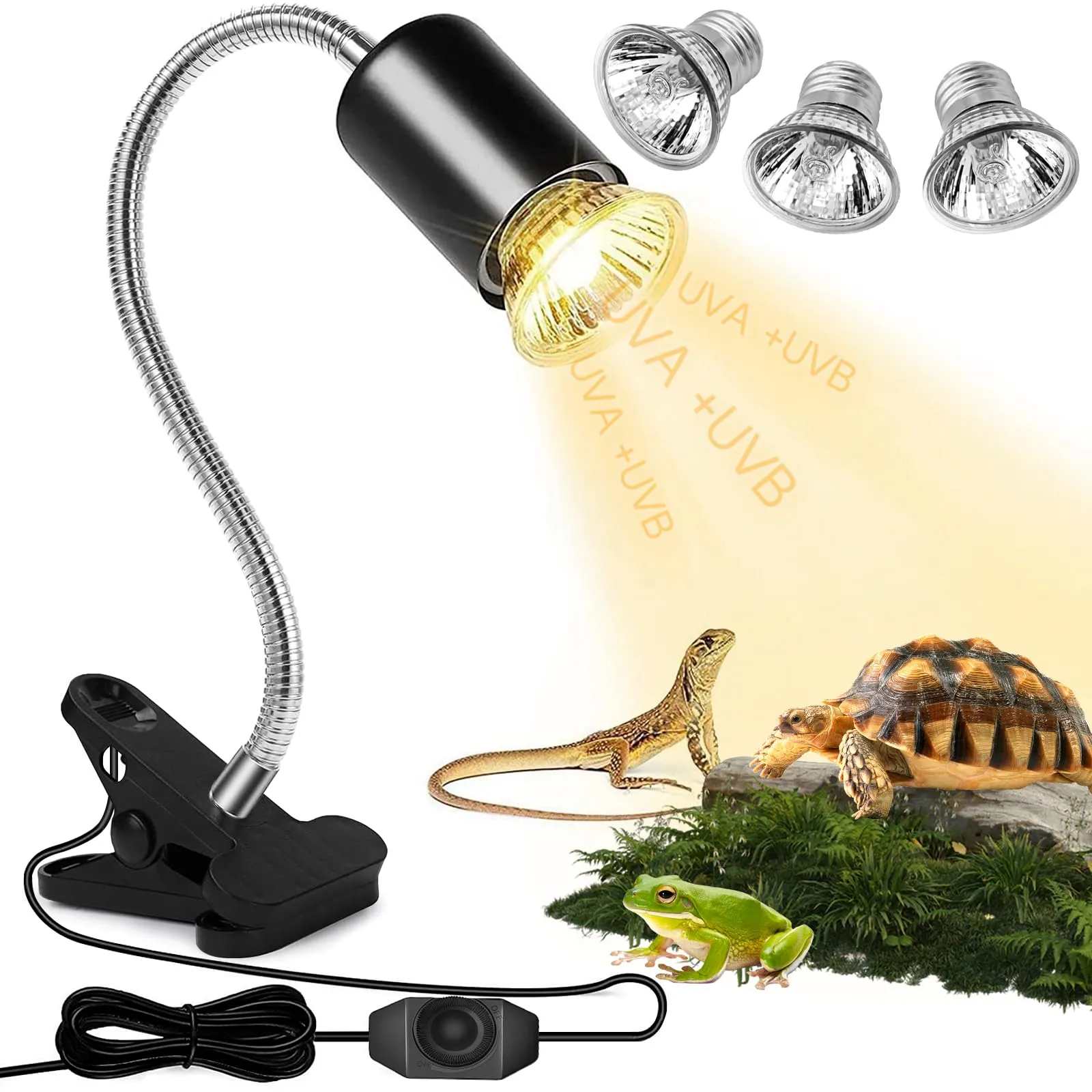 PQETBV Lampada Riscaldante per Rettili, Lampada UVB Tartarughe con 3 Lampadina UVA UVB a Punto Basking e Morsetto Girevole a 360 °Adatto per Rettile, Anfibi, Tartaruga, Lucertola, Serpente, Camaleonti - immagine 1