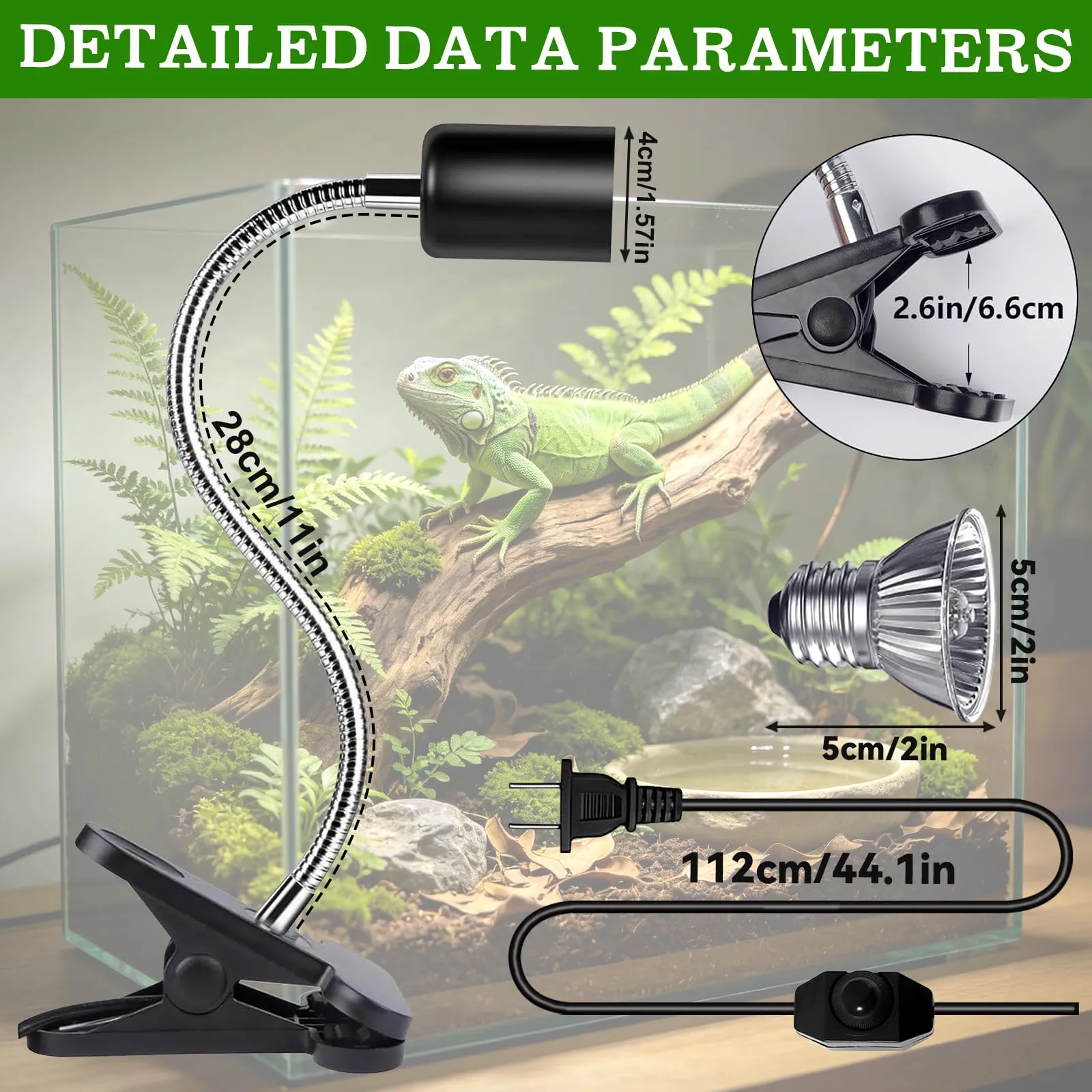 PQETBV Lampada Riscaldante per Rettili, Lampada UVB Tartarughe con 3 Lampadina UVA UVB a Punto Basking e Morsetto Girevole a 360 °Adatto per Rettile, Anfibi, Tartaruga, Lucertola, Serpente, Camaleonti - immagine 2