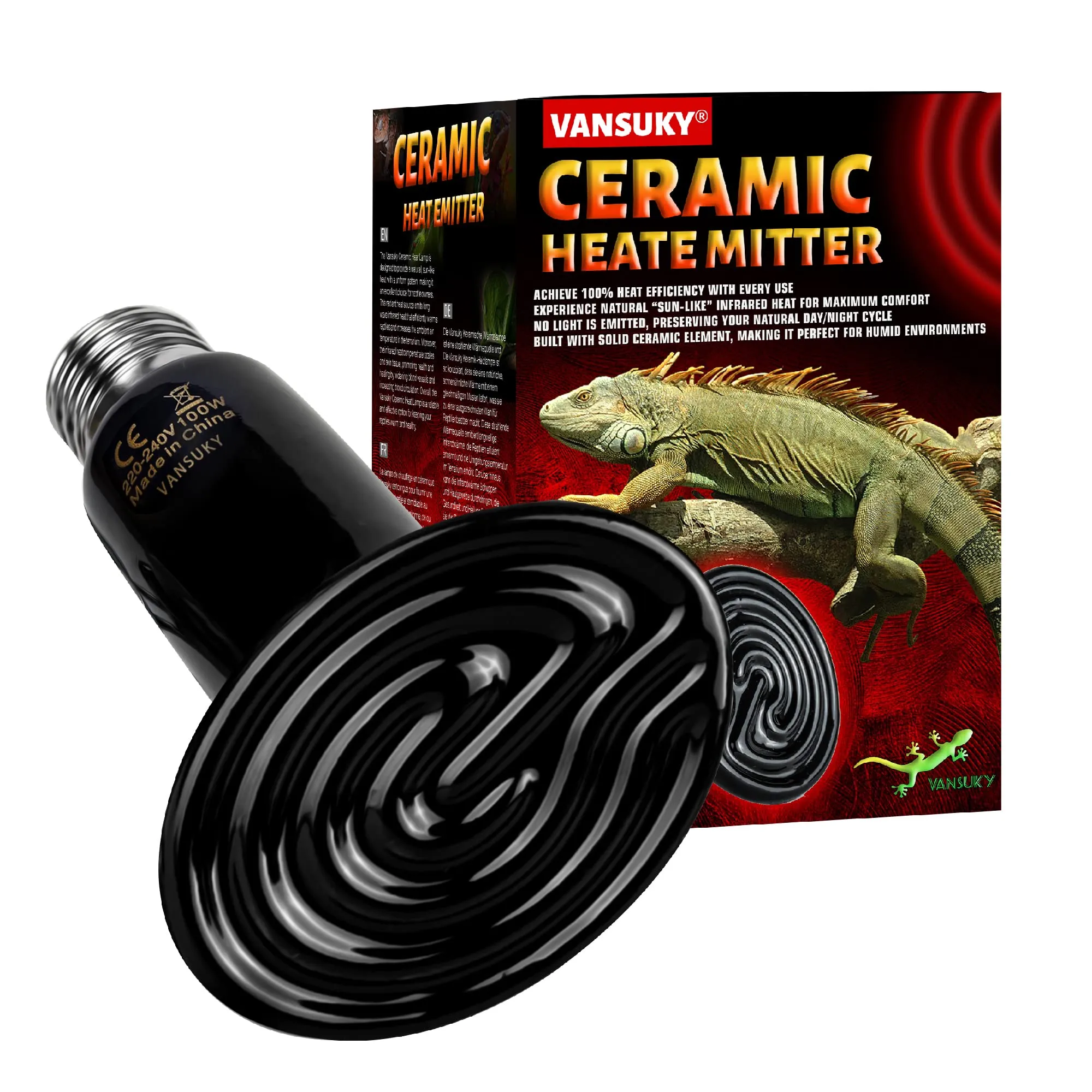 VANSUKY Lampada Riscaldante in Ceramica da 75W per Rettili-Riscaldatore per Terrario per Lucertole, Dragoni Barbuti, Serpenti e Altri Rettili-Nessuna Emissione di Luce-Attacco E27-220V - immagine 1