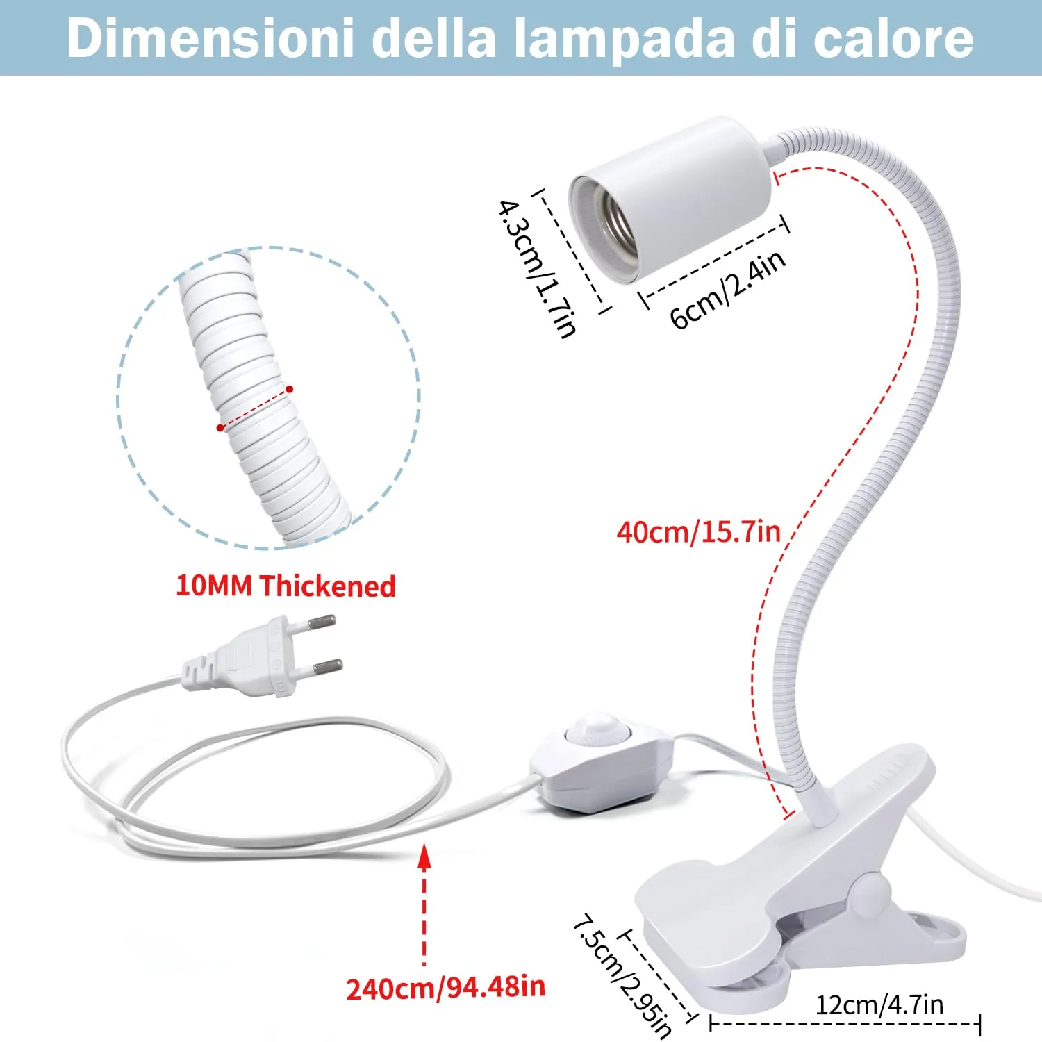 Lampada Rettili Riscaldante, Lampada UVA UVB per Tartarughe di Terra, Lampade Tartarughe Acqua con 240CM Cavo, Portalampada E27 Ceramica con 40CM Flessibile Collo di Cigno per Polli(Senza Lampadina) - immagine 2