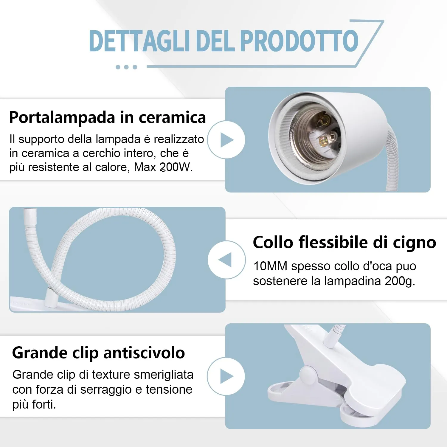 Lampada Rettili Riscaldante, Lampada UVA UVB per Tartarughe di Terra, Lampade Tartarughe Acqua con 240CM Cavo, Portalampada E27 Ceramica con 40CM Flessibile Collo di Cigno per Polli(Senza Lampadina) - immagine 3