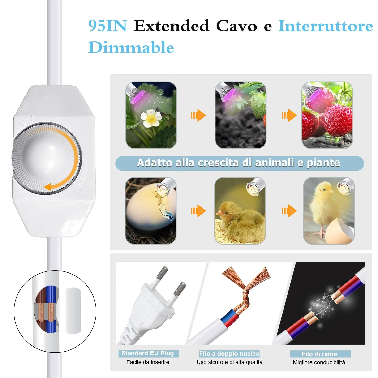 Lampada Rettili Riscaldante, Lampada UVA UVB per Tartarughe di Terra, Lampade Tartarughe Acqua con 240CM Cavo, Portalampada E27 Ceramica con 40CM Flessibile Collo di Cigno per Polli(Senza Lampadina) - immagine 6