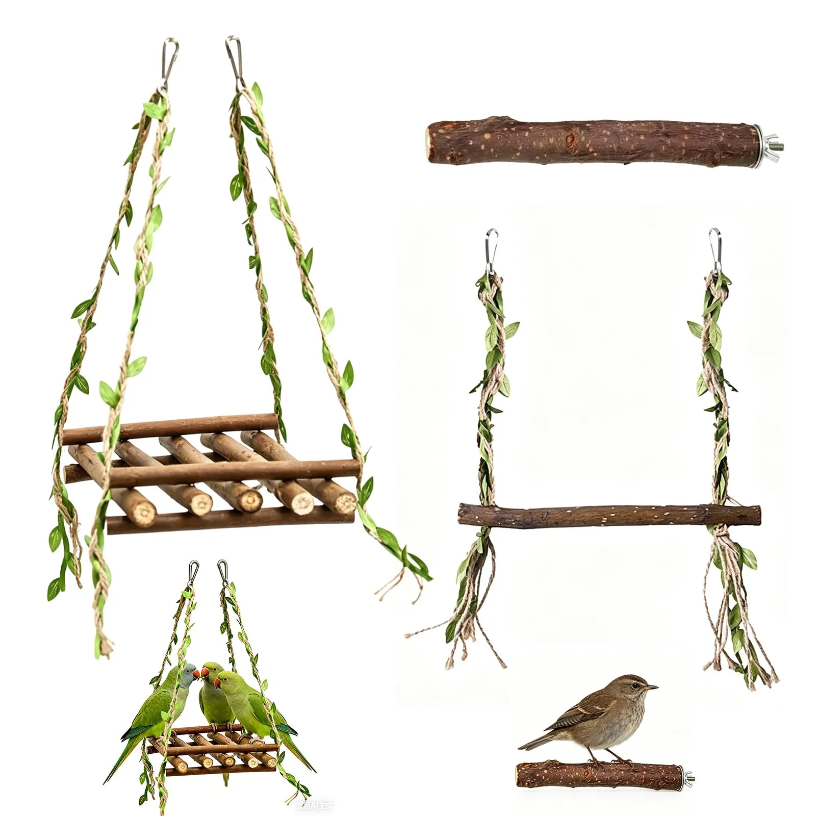 LAQWYNKB Altalene e Posatoio per Uccelli in Legno Naturale, Set da 3 con 2 Altalene Verdi e 1 Barra da Gabbia, Accessori per Cocorite Calopsitte e Piccoli Pappagalli - immagine 1