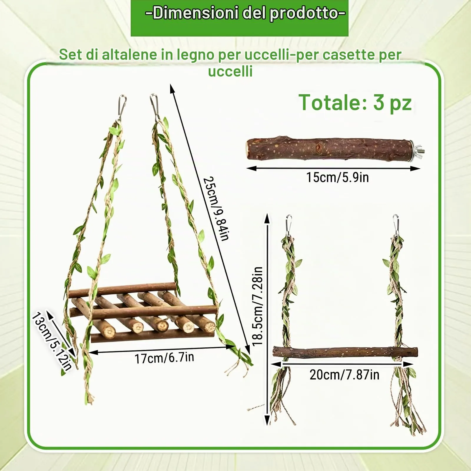 LAQWYNKB Altalene e Posatoio per Uccelli in Legno Naturale, Set da 3 con 2 Altalene Verdi e 1 Barra da Gabbia, Accessori per Cocorite Calopsitte e Piccoli Pappagalli - immagine 2