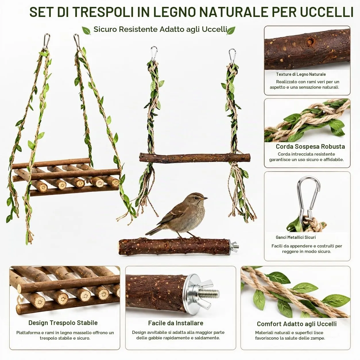 LAQWYNKB Altalene e Posatoio per Uccelli in Legno Naturale, Set da 3 con 2 Altalene Verdi e 1 Barra da Gabbia, Accessori per Cocorite Calopsitte e Piccoli Pappagalli - immagine 3