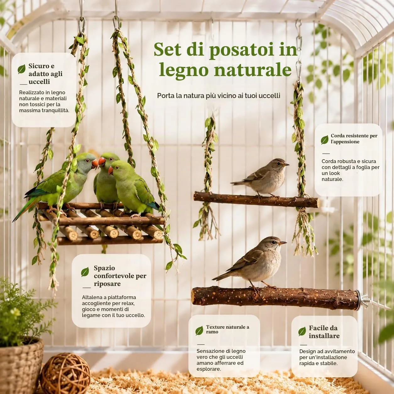 LAQWYNKB Altalene e Posatoio per Uccelli in Legno Naturale, Set da 3 con 2 Altalene Verdi e 1 Barra da Gabbia, Accessori per Cocorite Calopsitte e Piccoli Pappagalli - immagine 6
