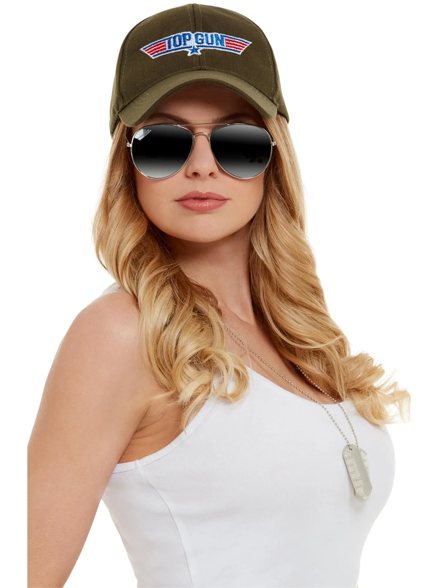 Smiffys Kit accessori Top Gun, Cachi, con cappello, occhiali da aviatore e targhette per cani Halloween - immagine 1
