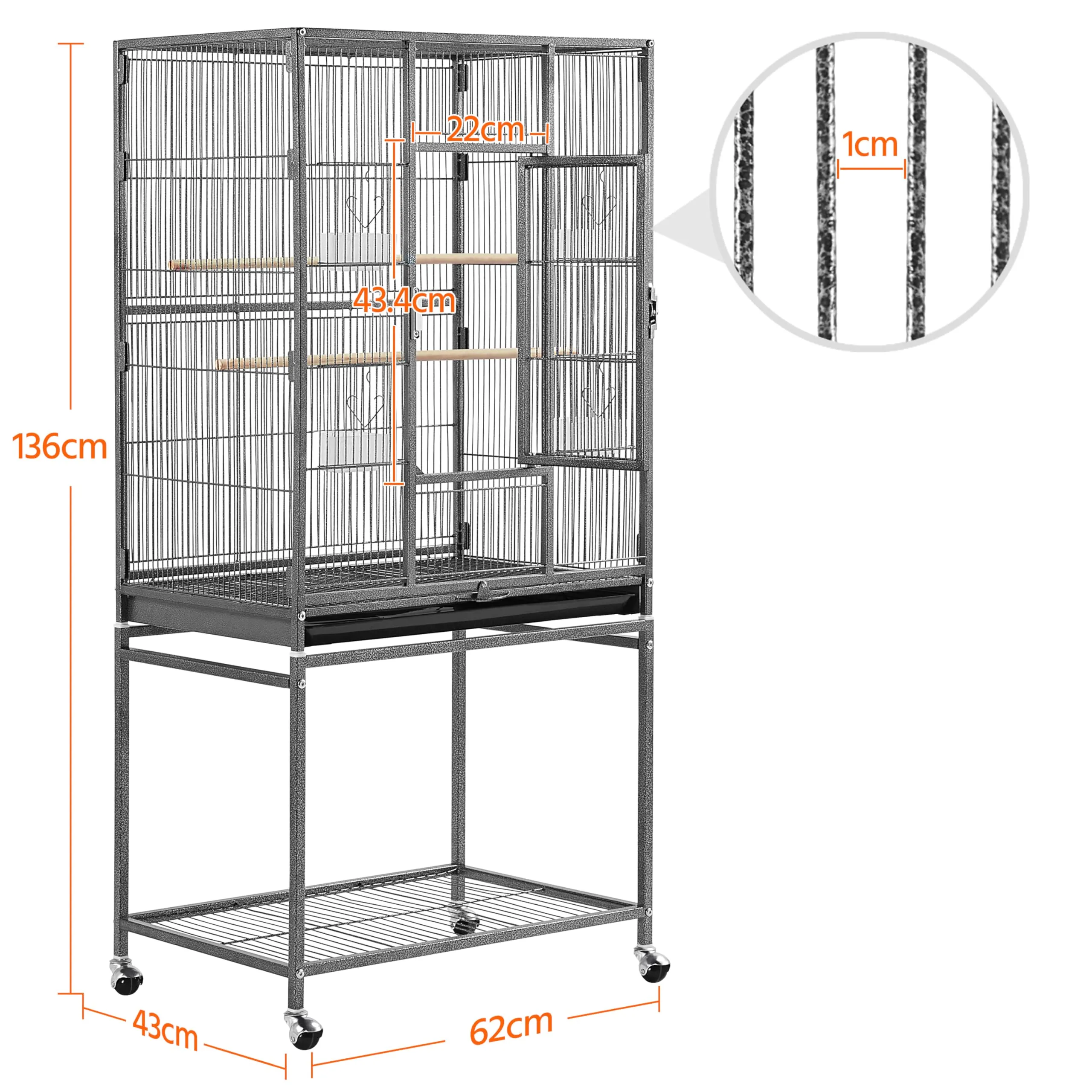 Yaheetech Gabbia Uccelli Pappagalli Metallo Grande 62 × 43 × 136 cm Nera - immagine 3